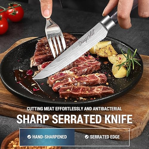 Miniatura 4 de Juego de 6 cuchillos para carne - Juego de 6 cuchillos de carne con patrón japonés de damasco de acero inoxidable de alto carbono y mango de madera