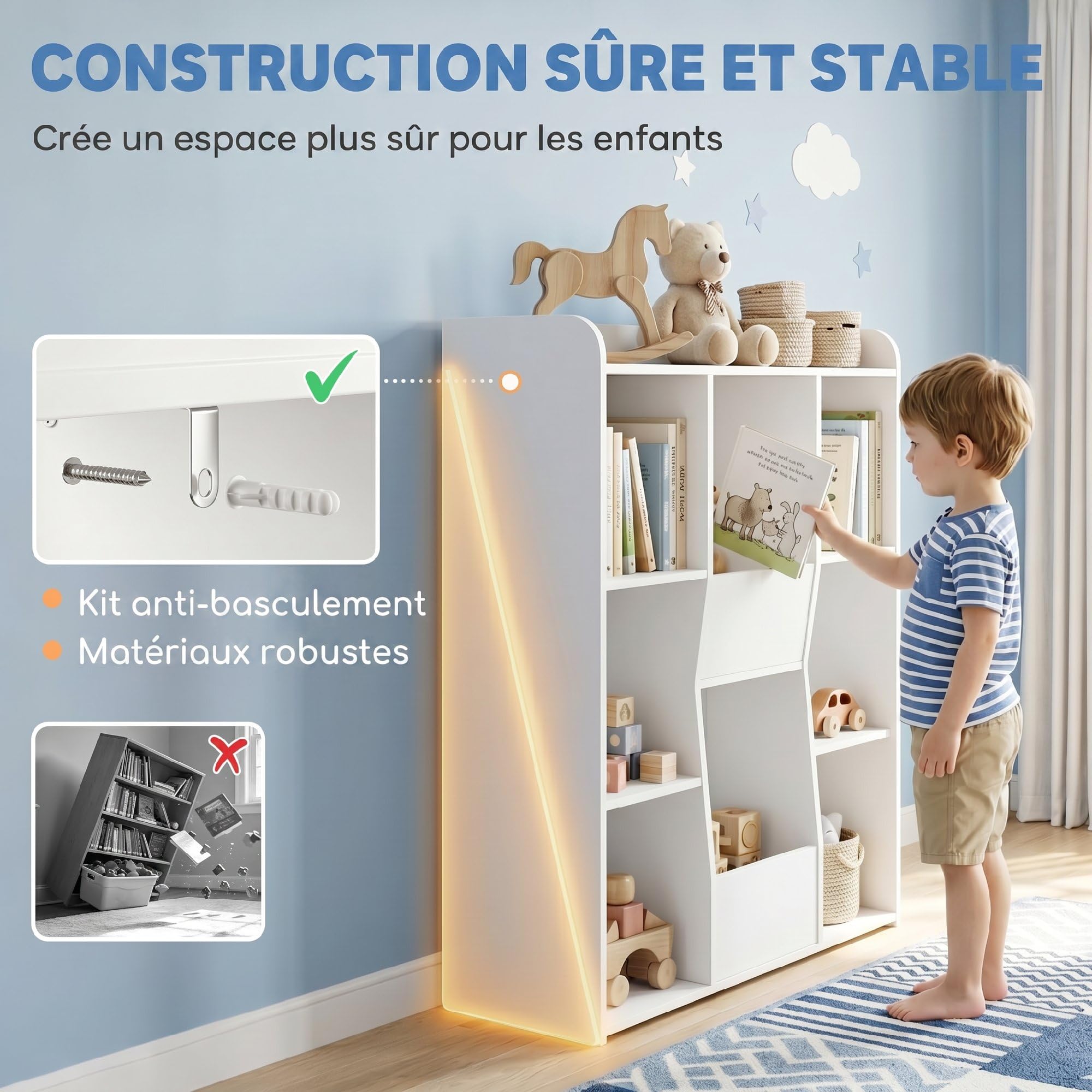 AIYAPLAY Meuble Rangement Enfant, bibliothèque Enfants avec 8 Compartiments et étagère supérieure, Anti-basculement, Rangement Jouets pour Chambre d'enfants, Salle de Jeu, crèche, Blanc