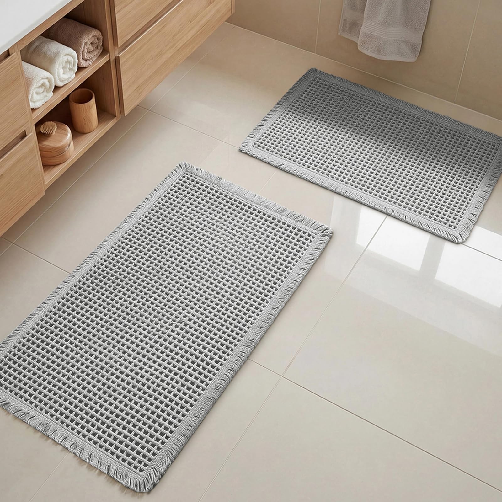 LUSCHEER Waffle Bathroom Mat Set 2 Piece with Tassels, Bath Rugs, Grey