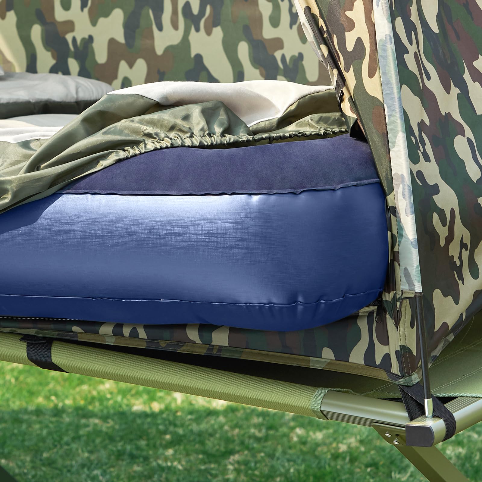 SoBuy faltbar Survival-Zelt Feldbett mit Zelt Feldbett 4 in1 Camping Set mit Schlafsack Wurfzelt Matratze und Zubehör Zelt 1 Person 1 Mann Zelt Outdoor Tarnfarbe BHT ca. 193x160x86cm OGS32-TN