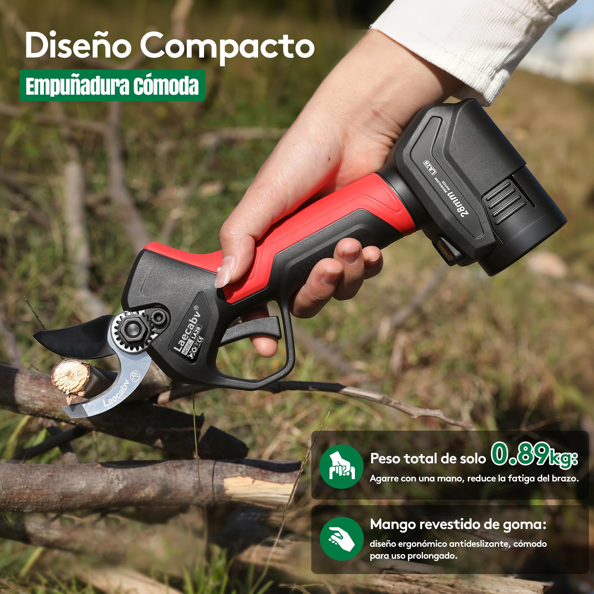 Tijeras de Podar Eléctricas, 28mm Tijeras de Podar con Batería Profesional, Tijeras Rama Inalámbrico con Motor sin Escobillas, 2 Piezas Batería de Litio Recargable de 16.8V/2Ah (LA28BKRD)