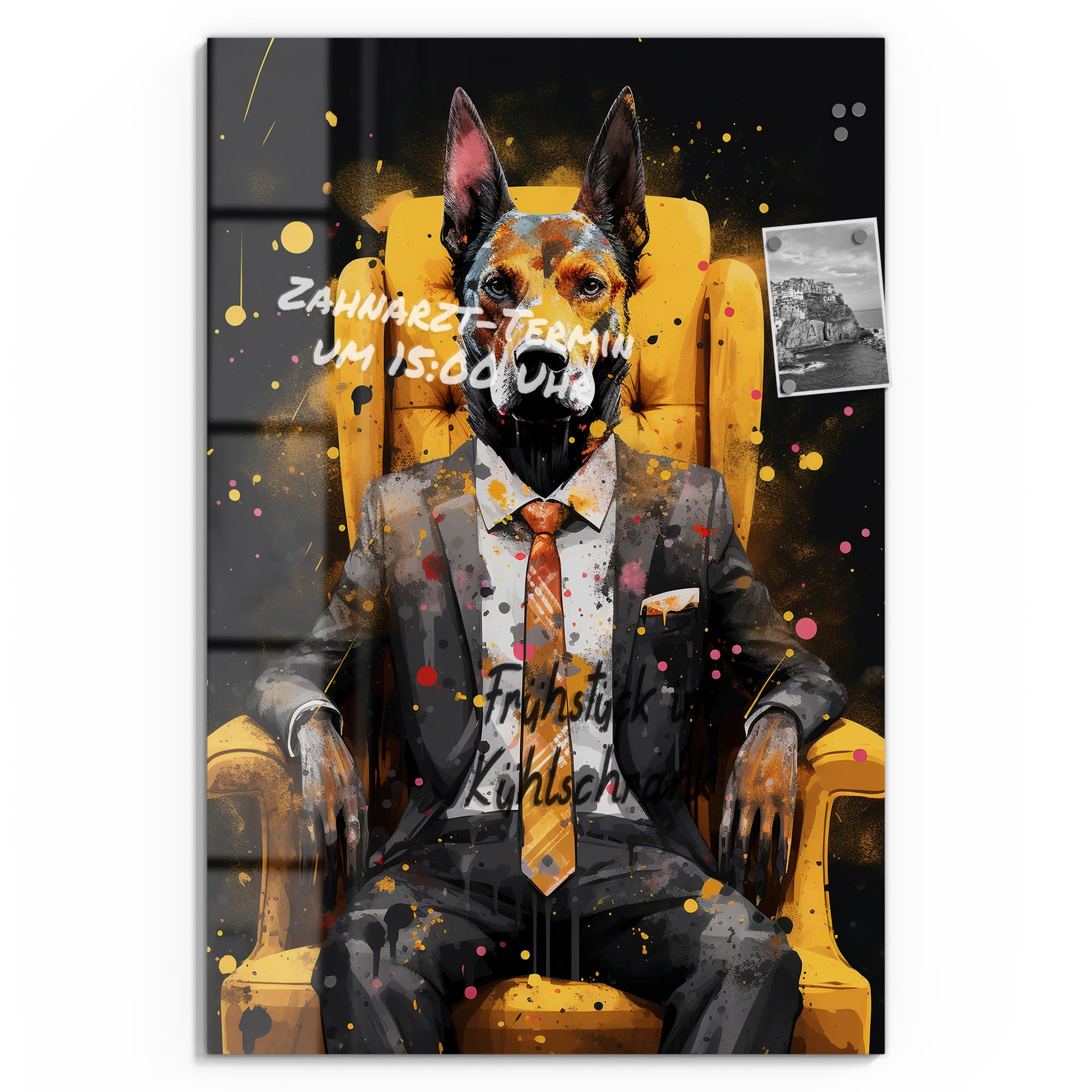 DEQOART Pizarra magnética de cristal, 60 x 90 cm, diseño "Canine Eleganz", pizarra magnética de cristal, incluye imanes, bolígrafo y paño para cocina y oficina, pizarra magnética y se puede escribir