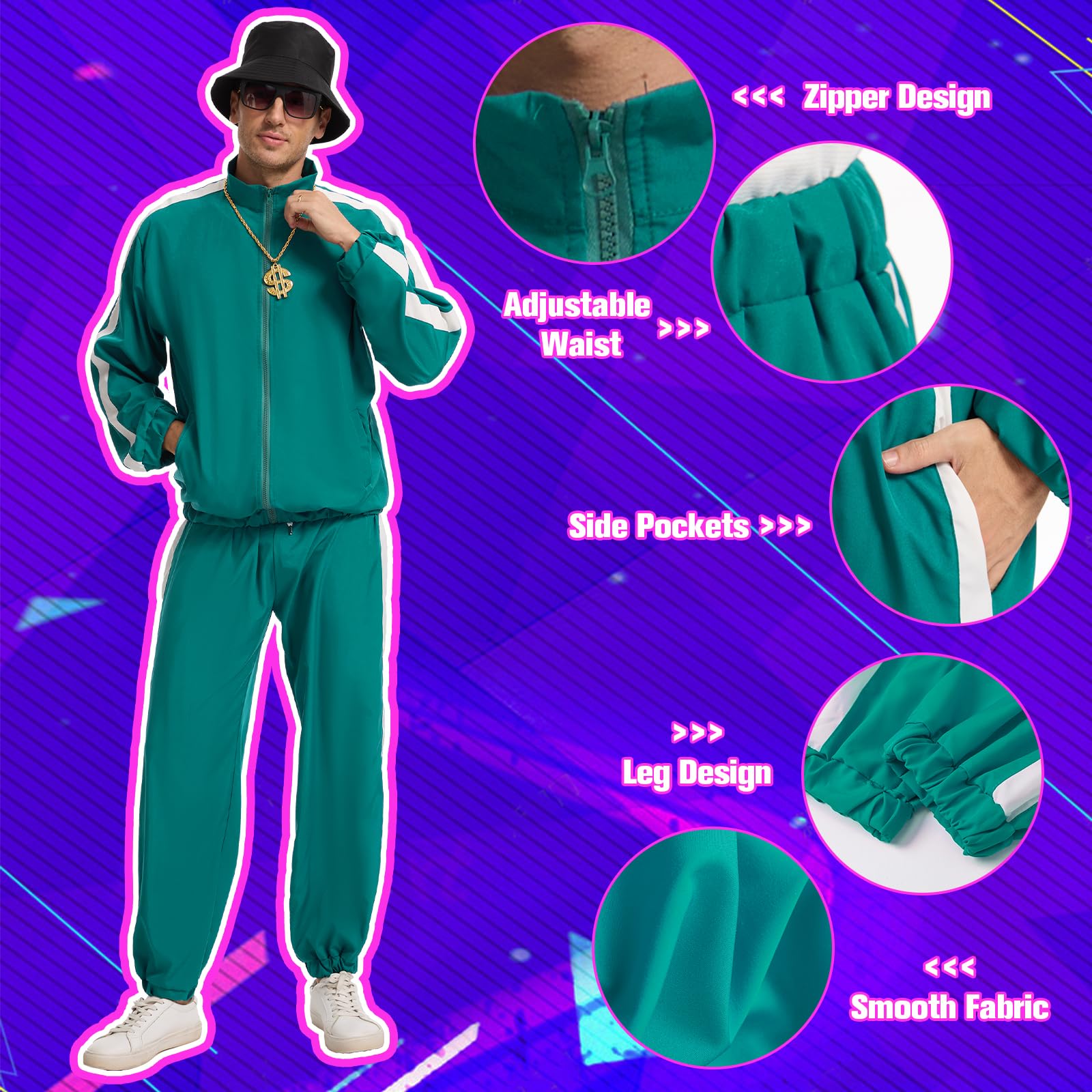 JDFAIJEAL Hiphop Costume Set for Men, Black Tracksuit with Hat, Glasses, Gold Round Necklace, Fanny Pack & Boombox Balloon - Image 3