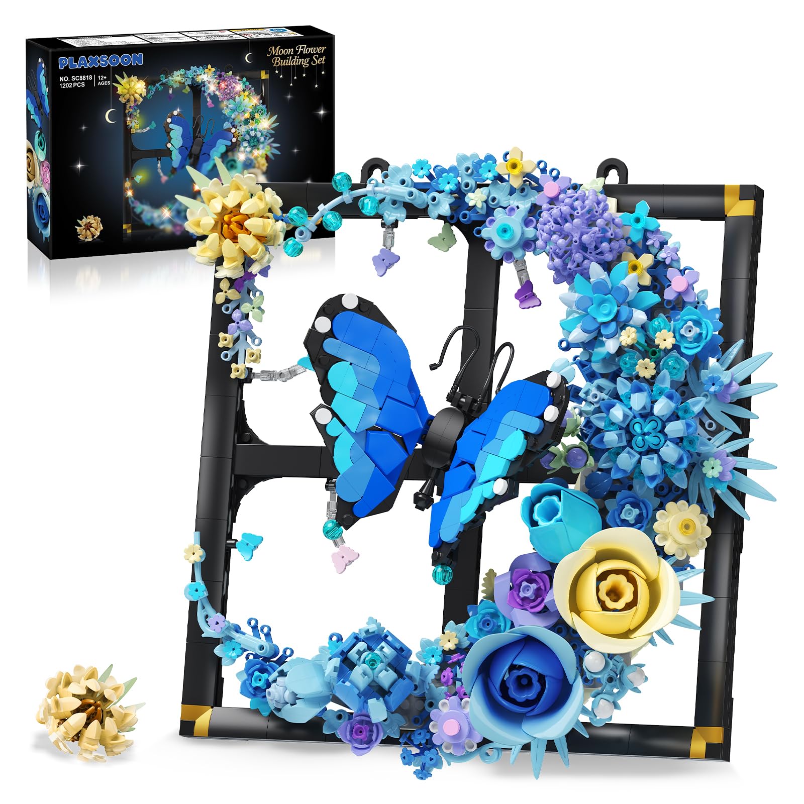 PLAXSOON Mond Blumen Bauspielzeugset mit Licht, Blume Bausteine Wandkunst Klemmbausteine mit Schmetterling, Botanical Kollektion Bauklötz Home Dekor, Geschenk für Erwachsene Frauen Jungen Mädchen 12+