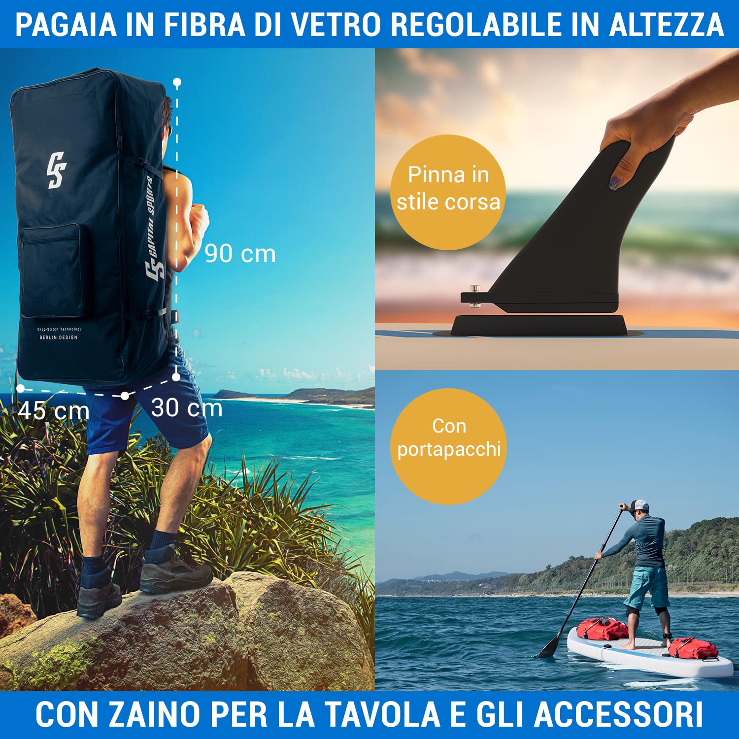 CAPITAL SPORTS SUP, Tavola SUP Gonfiabile per Adulti e Bambini, Versatile Stand Up Paddle con Pagaia SUP, Borsa da Trasporto, Pompa SUP e Accessori da Paddle Board e Kayak