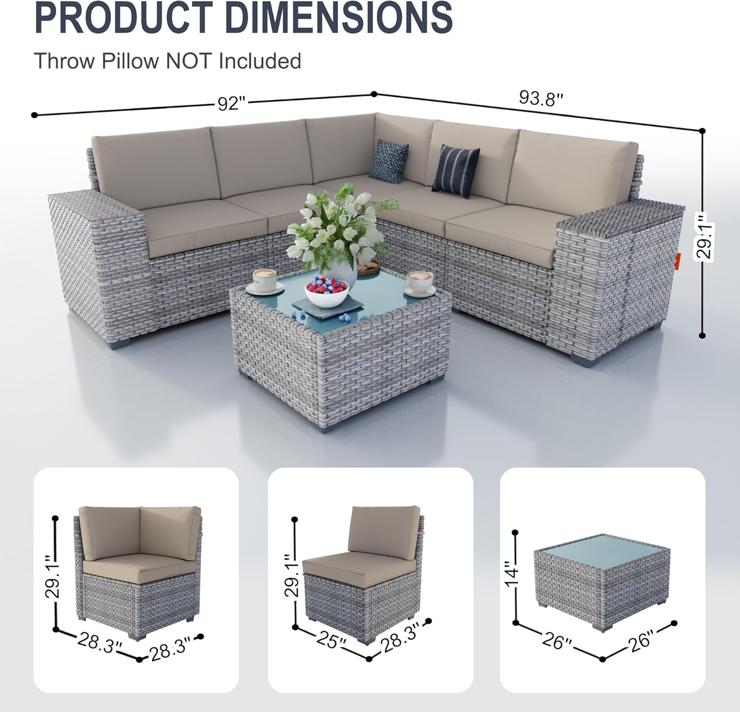 6 Pieces Patio Furniture Set, Outdoor Modular Sectional Couch Conversation Set with Wide Armrests, Wicker Seating Group Sofa with Coffee Table for Backyard Balcony Garden Deck (Khaki Cushions)