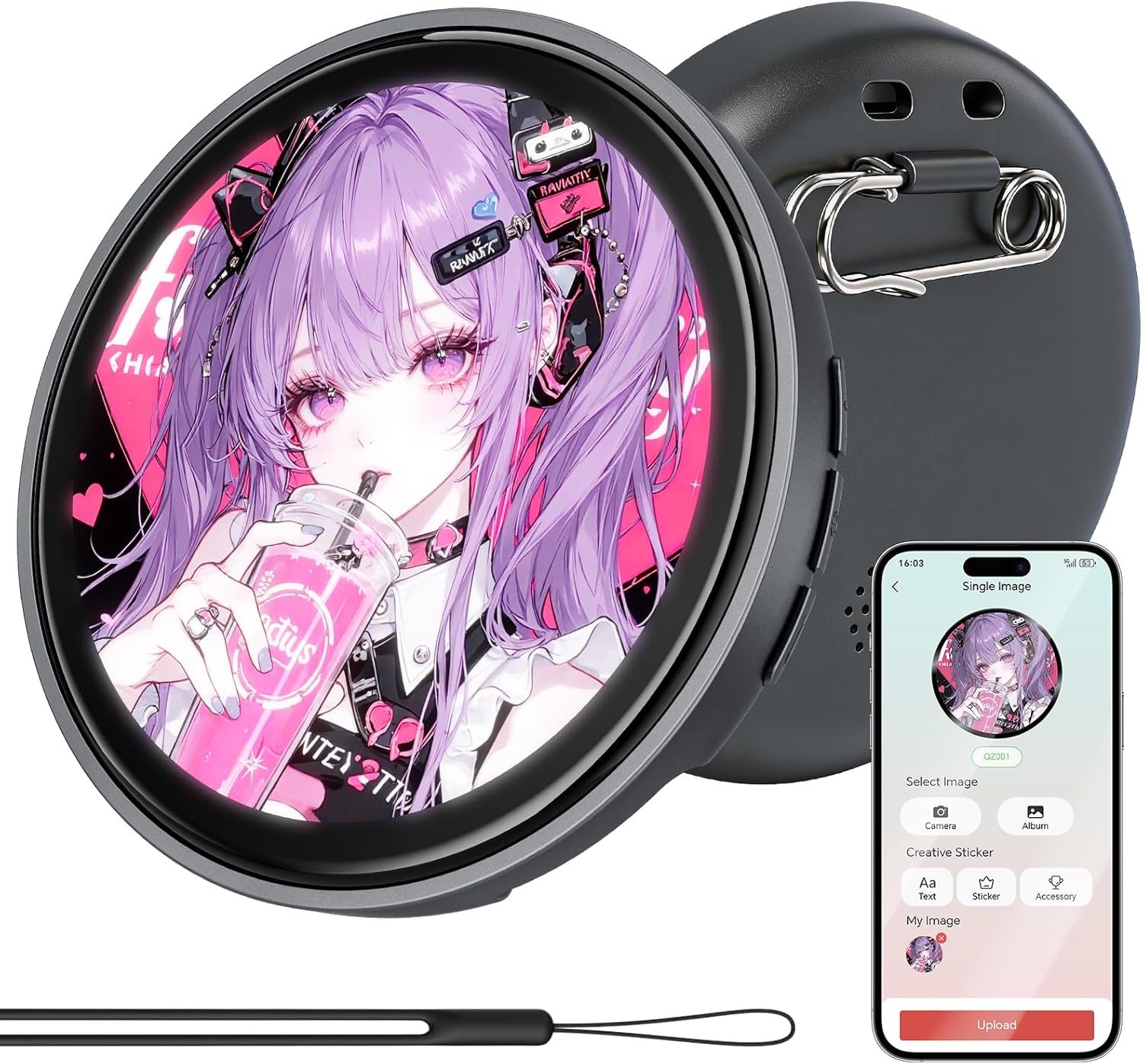 Digital Pin, Digital Badge with Touch Screen LED Display, Customizable Anime Style Wearable, Smart Button for Sports Events, Festivals, Cosplay and Fandoms（For <8MB MP4, Multi/Single Imgs, Marquee）