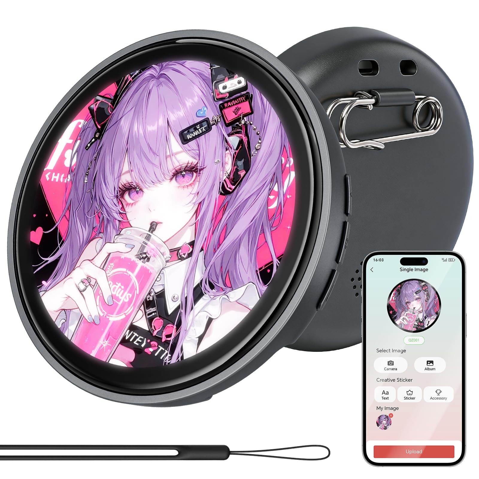 Digital Pin, Digital Badge with Touch Screen LED Display, Customizable Anime Style Wearable, Smart Button for FIFA World Cup Footbal Party, Cosplay, Fandoms（For <8MB MP4, Multi/Single Imgs, Marquee）