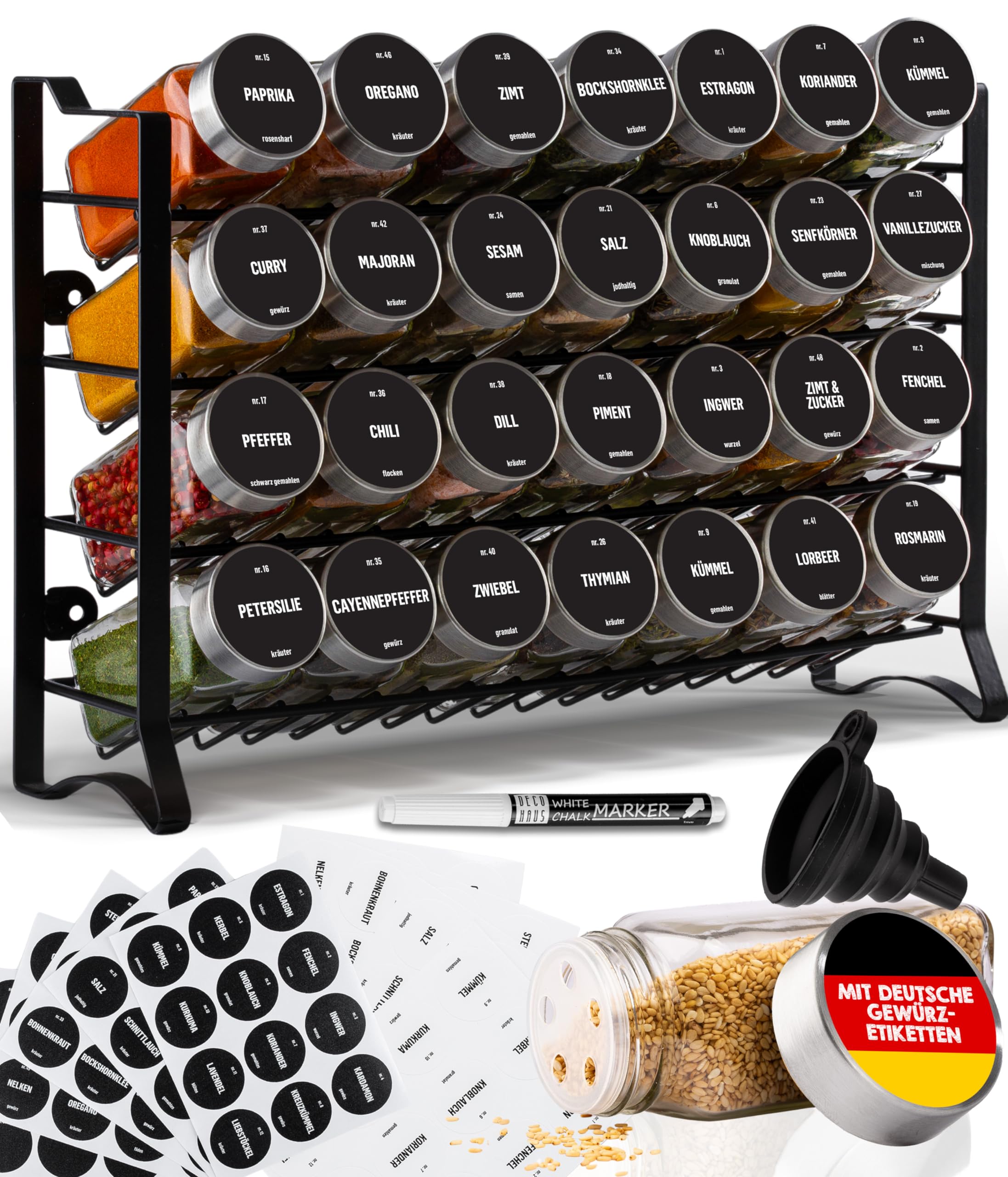 Deco haus® Gewürzregal Stehend & Wand [MIT 28 GEWÜRZGLÄSER & ETIKETTEN] - Gewürz Organizer - Spice Rack Organizer - Gewürzständer Gewürzregale Hängend - Gewürzregal Schrank Schwarz Gewürzaufbewahrung