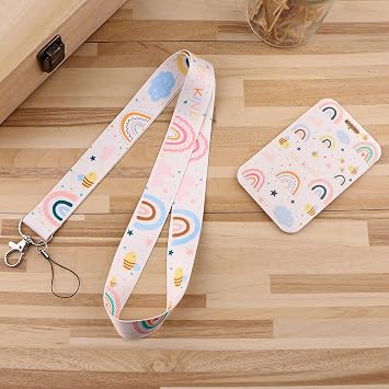 Aesthetic Rainbow ID Lanyard with Card Holder Cute Neck Lanyard Strap for Keys ID Badges for Women Girls Teachers Kids Preppy Keychain School Student ID Holder