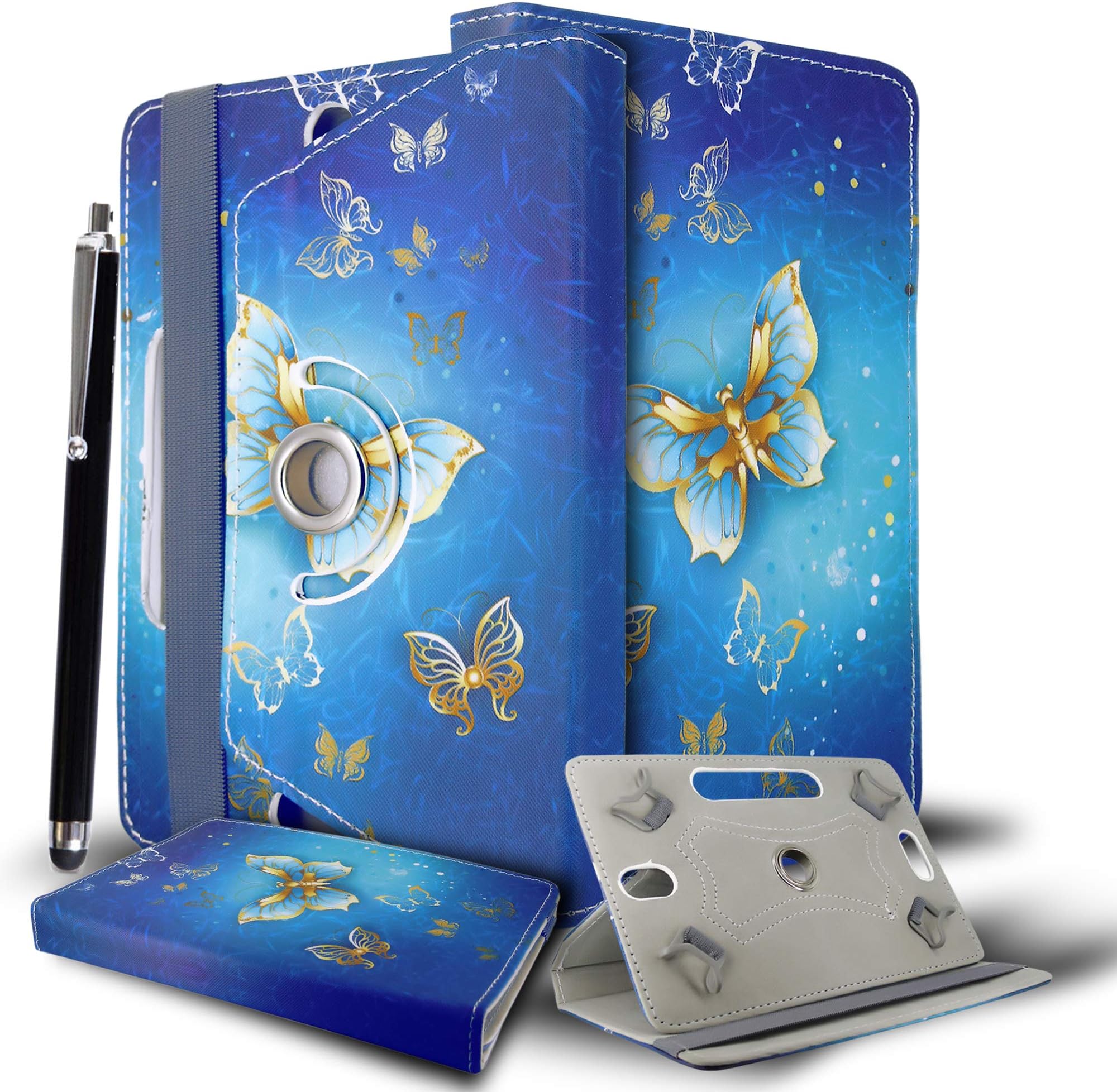 10 inch Tablet Case Cover - Universal Leather Stand Case Folio Case Cover Leather 360° Rotating Fits to ALL 10" Inch & 10.1" Inch Android Tablets tab + Stylus Pen (BUTTERFLY GOLD BOOK)