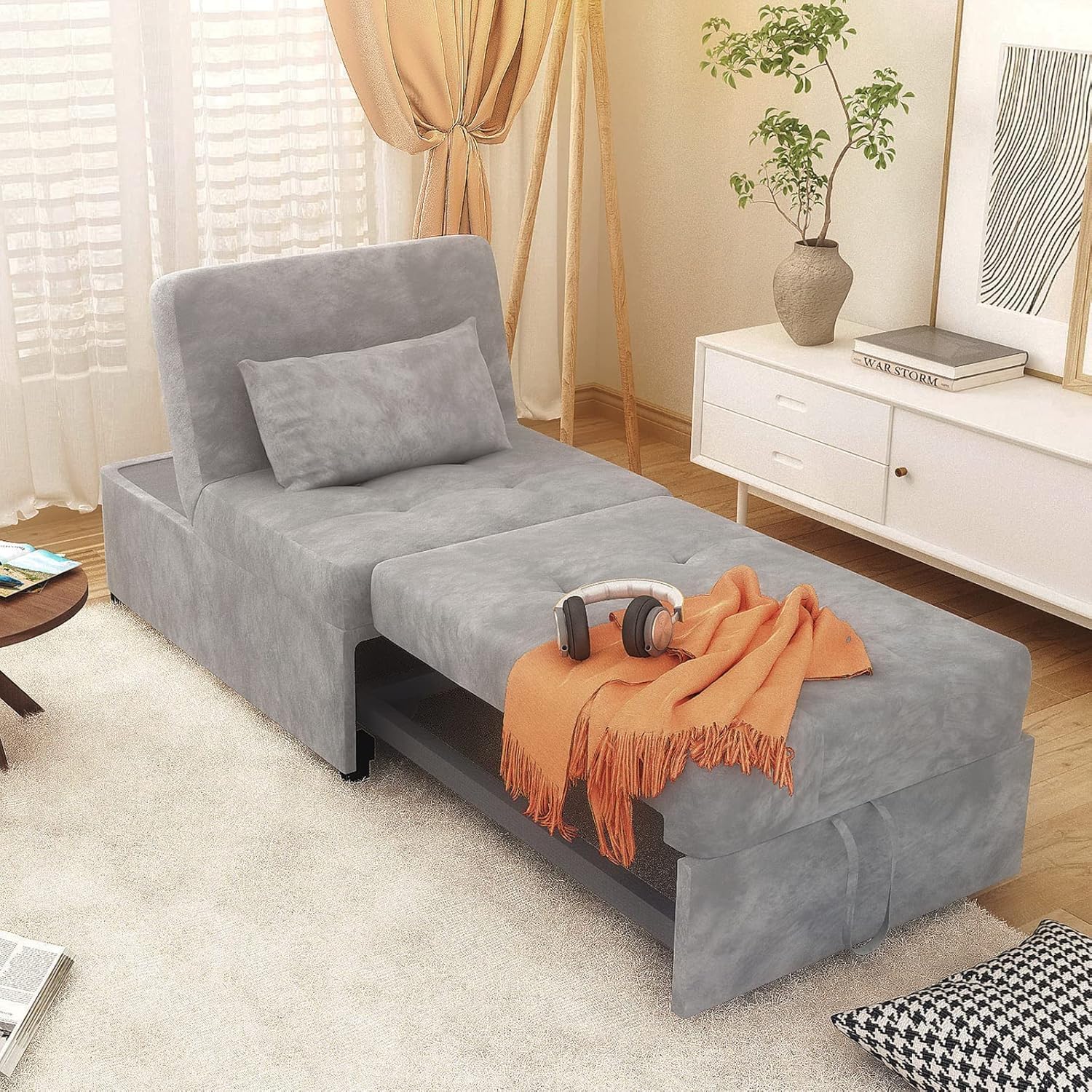 AVZEAR 4 in 1 Sofa Bed, Convertible Sleeper Chair Multi-Function Folding Ottoman Modern Breathable Velvet Guest Bed with Adjustable Sleeper for Small Room Apartment, (Grey)