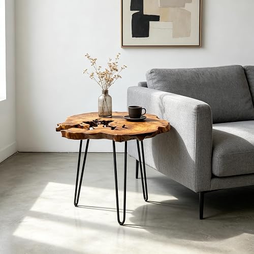 Natural Live Edge End Table - 18"×14"×20"H Cedar Solid Wood Side Table with Metal Legs, Rustic Accent Small Coffee Table for Living Room Bedroom Patio Plant Stand Home Decor (L Natural Color)