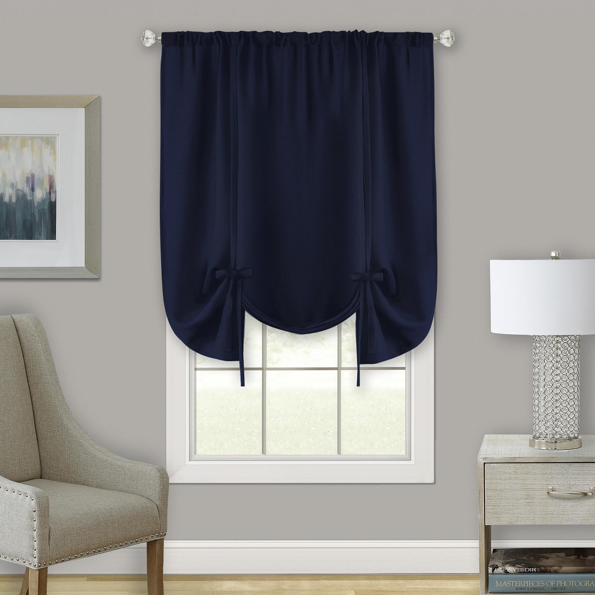 ACHIM Light Filtering Darcy Tie-Up Window Shade - 58 Inch Width, 63 Inch Length (Navy) - Machine Washable & Easy to Clean Polyester Curtain Drape for