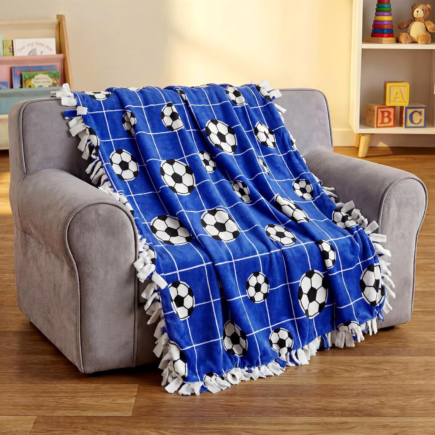 Chumia 2 Pcs/1 Set Soccer Tie Blankets Craft Kit 57 x 57 Inch DIY No Sew Fleece Blanket Black and White Sports Ball No Sew Fabric Tie Knot Throw Craft Gift for World Soccer 2026 Fan Couch Sofa