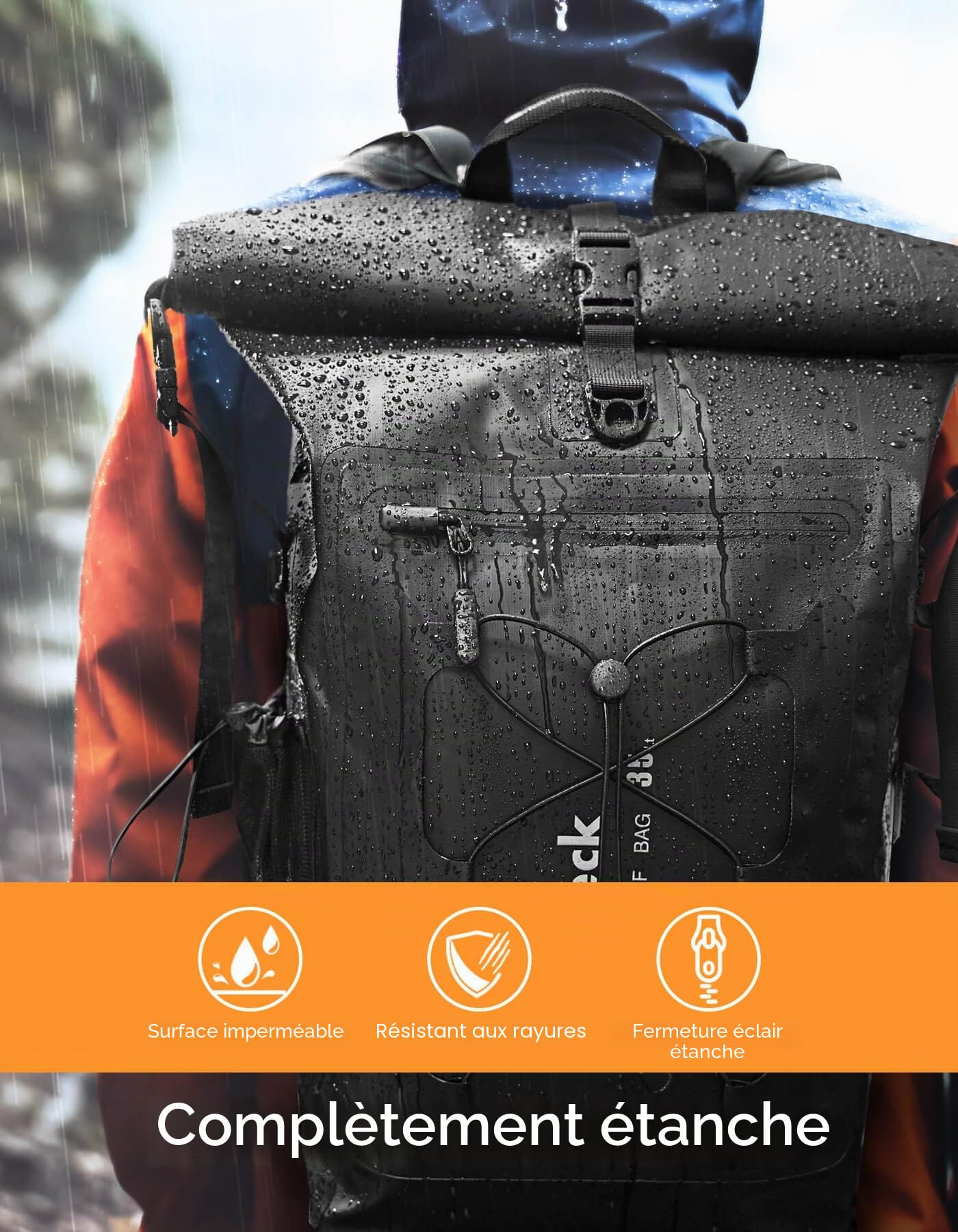 Inateck Sac à Dos Vélo Étanche Grande Capacité pour Bicyclette Randonnée Alpinisme Montagne Sport Camping Course, avec Bretelle Détachable, Soupape d’Échappement Noir