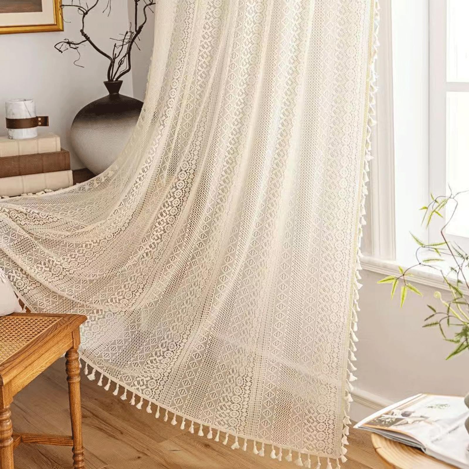 MGEMJMJ Vintage Bohemian Crochet Curtains Boho Curtains with Tassels Window Treatment for Living Room Bedroom Decor(Size:150xH260cm(59x102inch),Color:Grommets)