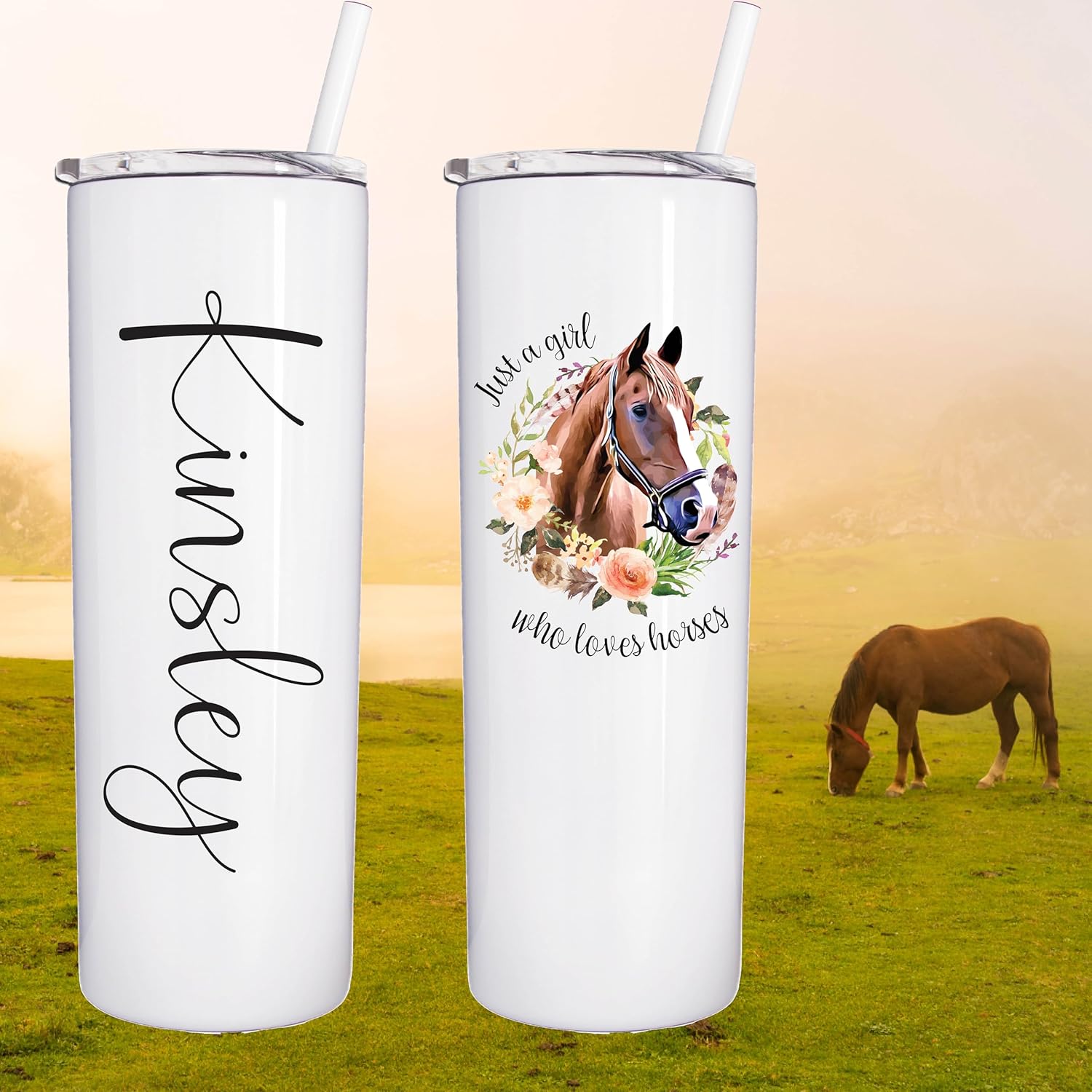 Personalized 20oz Horse Tumbler with Lid and Straw - Stainless Steel - Vacuum Insulated - Gift for Trainer, Horse Lover, Equestrian