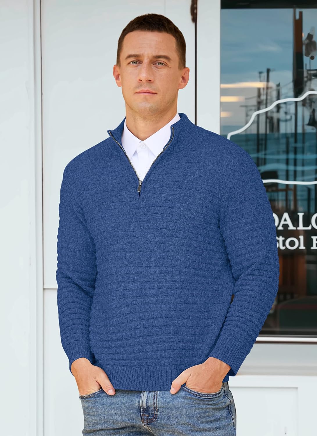 RQP Mens Quarter Zip Pullover Sweaters Relaxed Fit Knit Texture Sweater with Ribbing Edge - Image 4