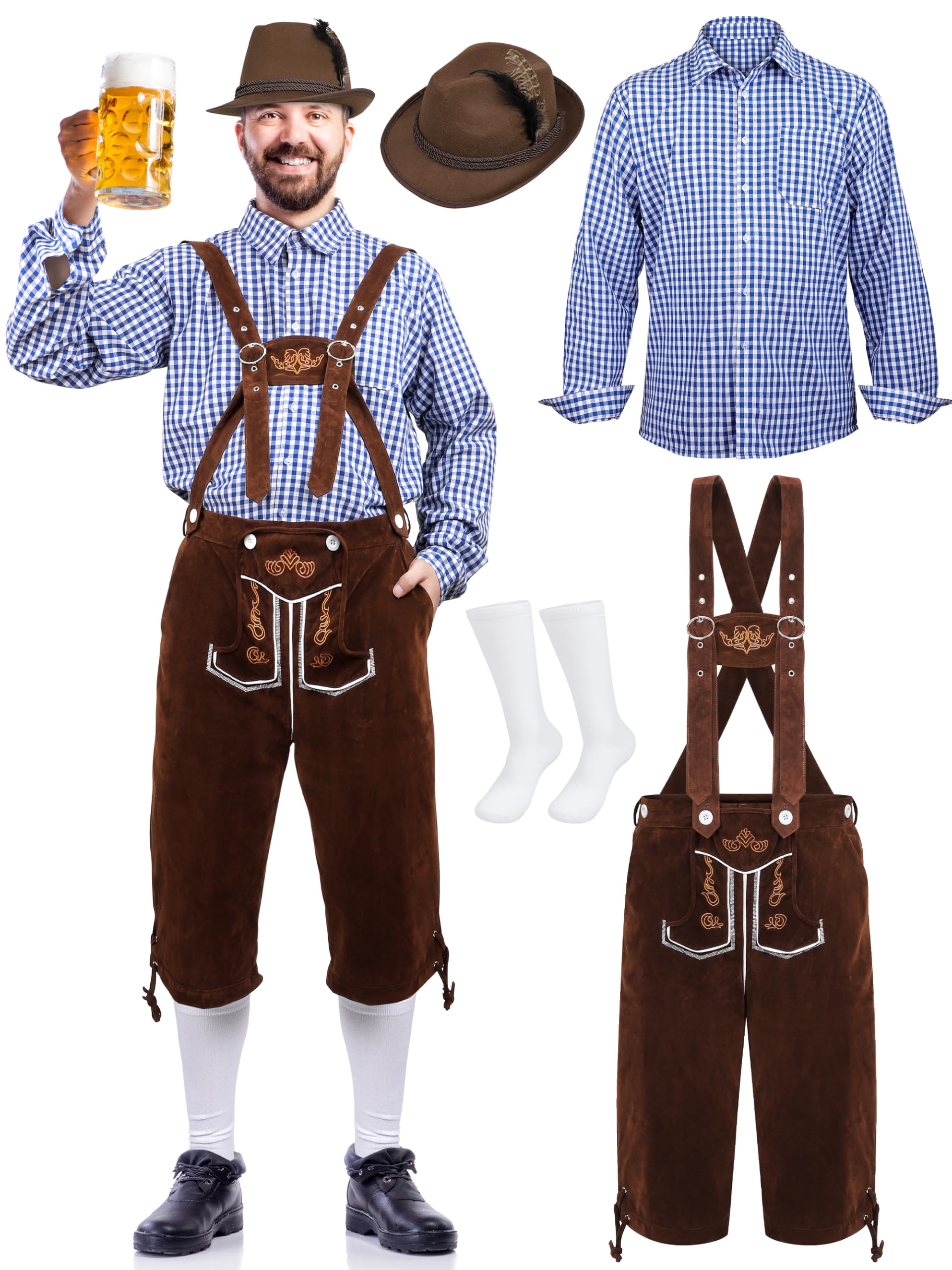 Men’s German Bavarian Oktoberfest Costume Set Includes Mens Lederhosen with Suspenders & Shirt & Socks and Hat