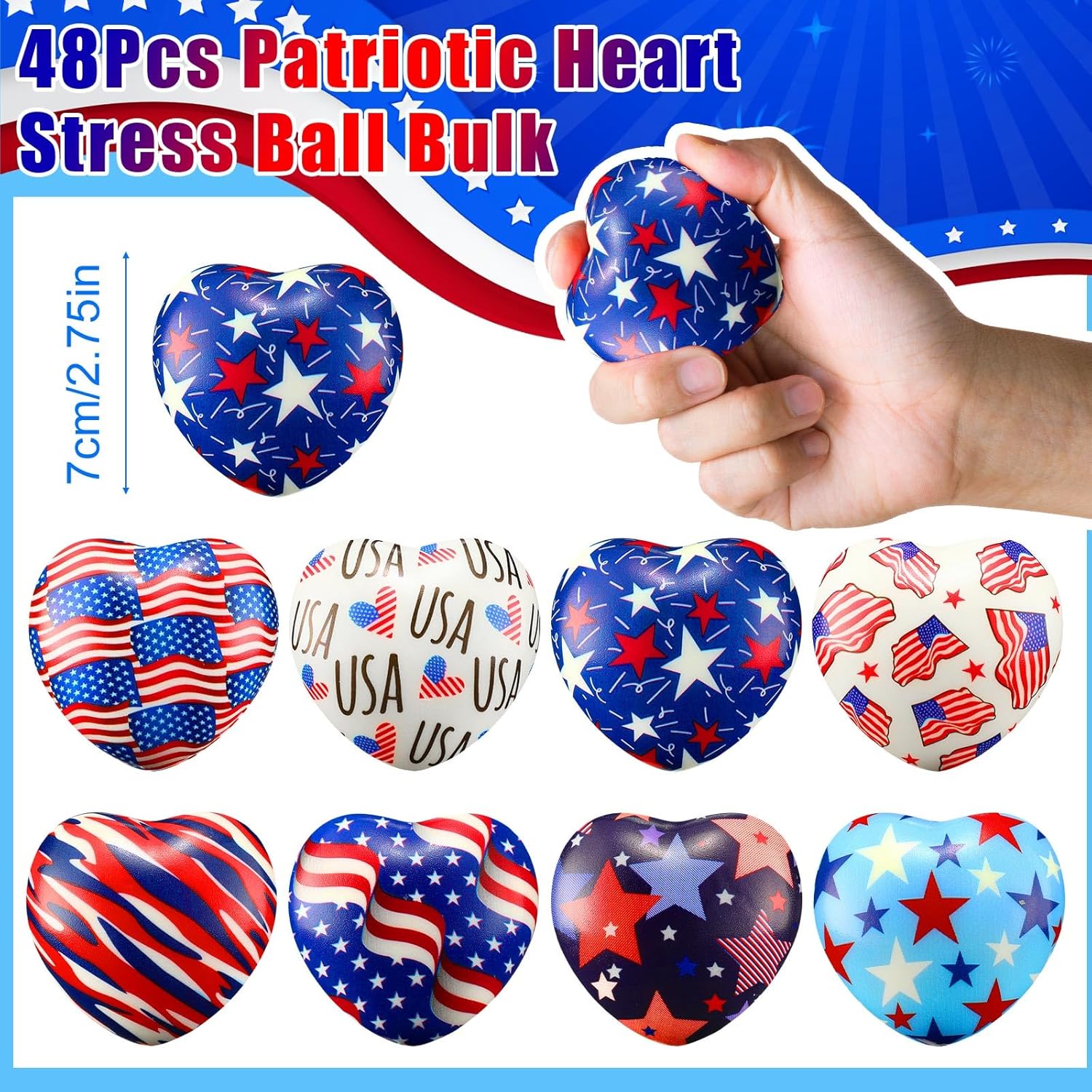 JellyArch 48 Pcs 4th of July Stress Ball Bulk 2.75 Inch Patriotic Heart Stress Ball Independence Day Mini Foam Red White Blue Relief Heart Gift Motivational Gift for USA Carnival Party Supplies