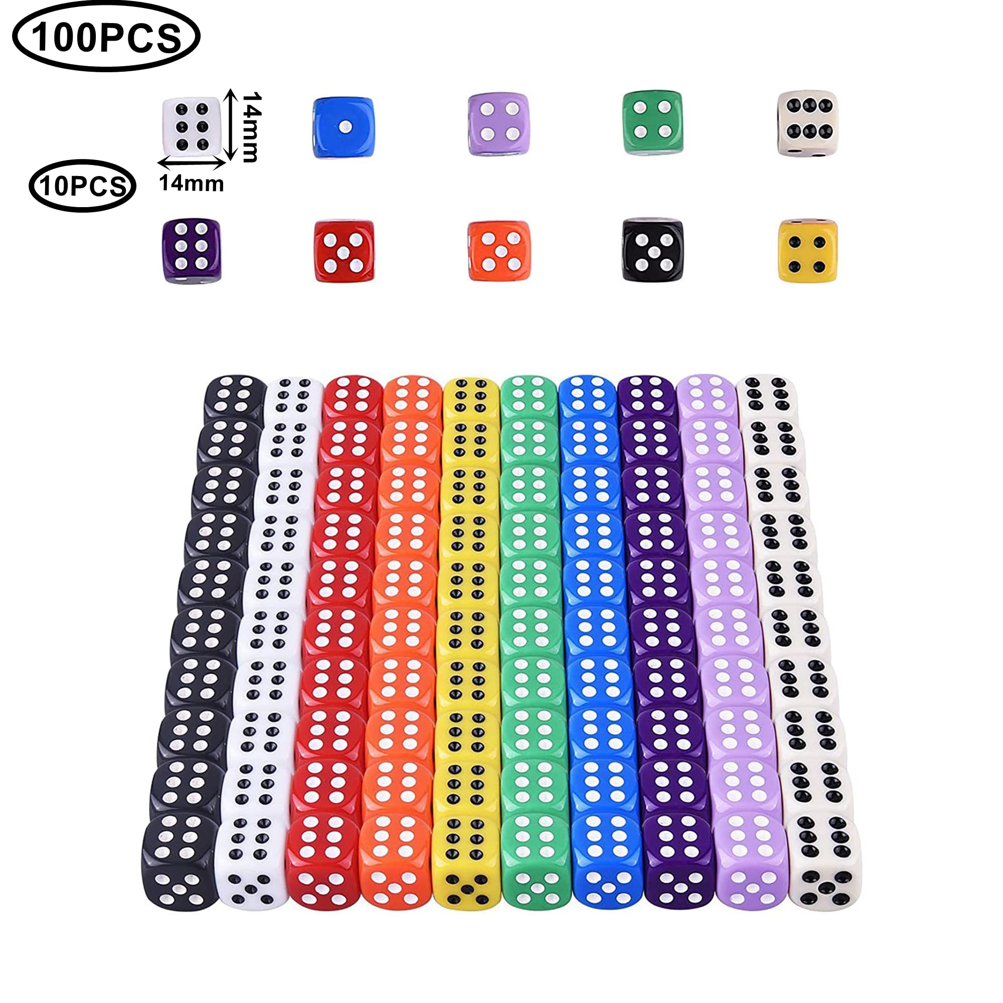 100 Stuks 6 Zijdige Dobbelstenen Spel, 14 mm 10 Kleuren Zeshoekige Dobbelstenen, Acryl Doorschijnende Dobbelstenen voor Bordspel, Wiskunde Leren, Feestfavoriet en Familiefeest