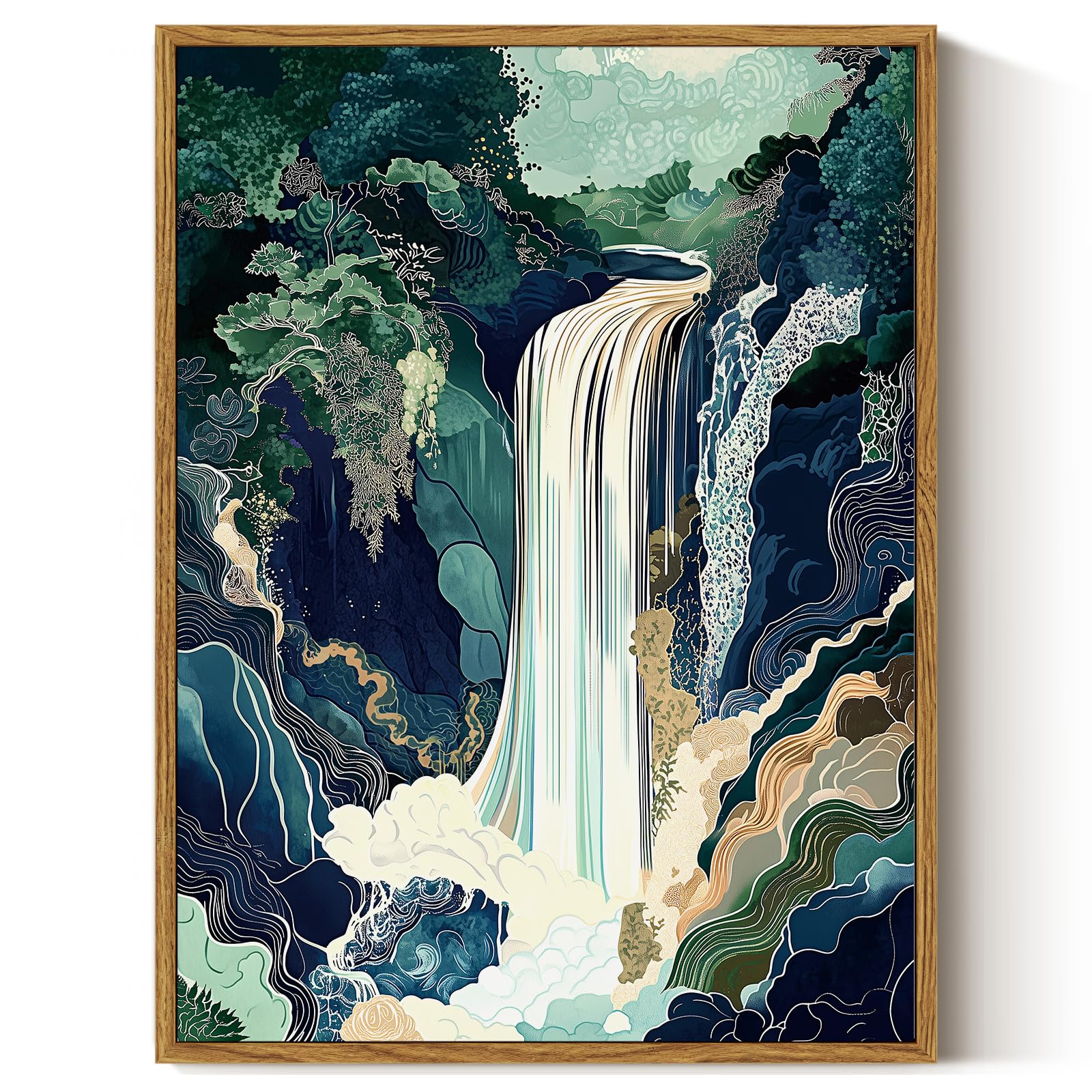 ARPEOTCY Framed Wall Art, Vintage Japanese Waterfall Wall Art, Retro Landscape Canvas Painting Print, Tradiational Artwork for Living Room, Bedroom, Office, Home Decor Aesthetic(30x40 CM)