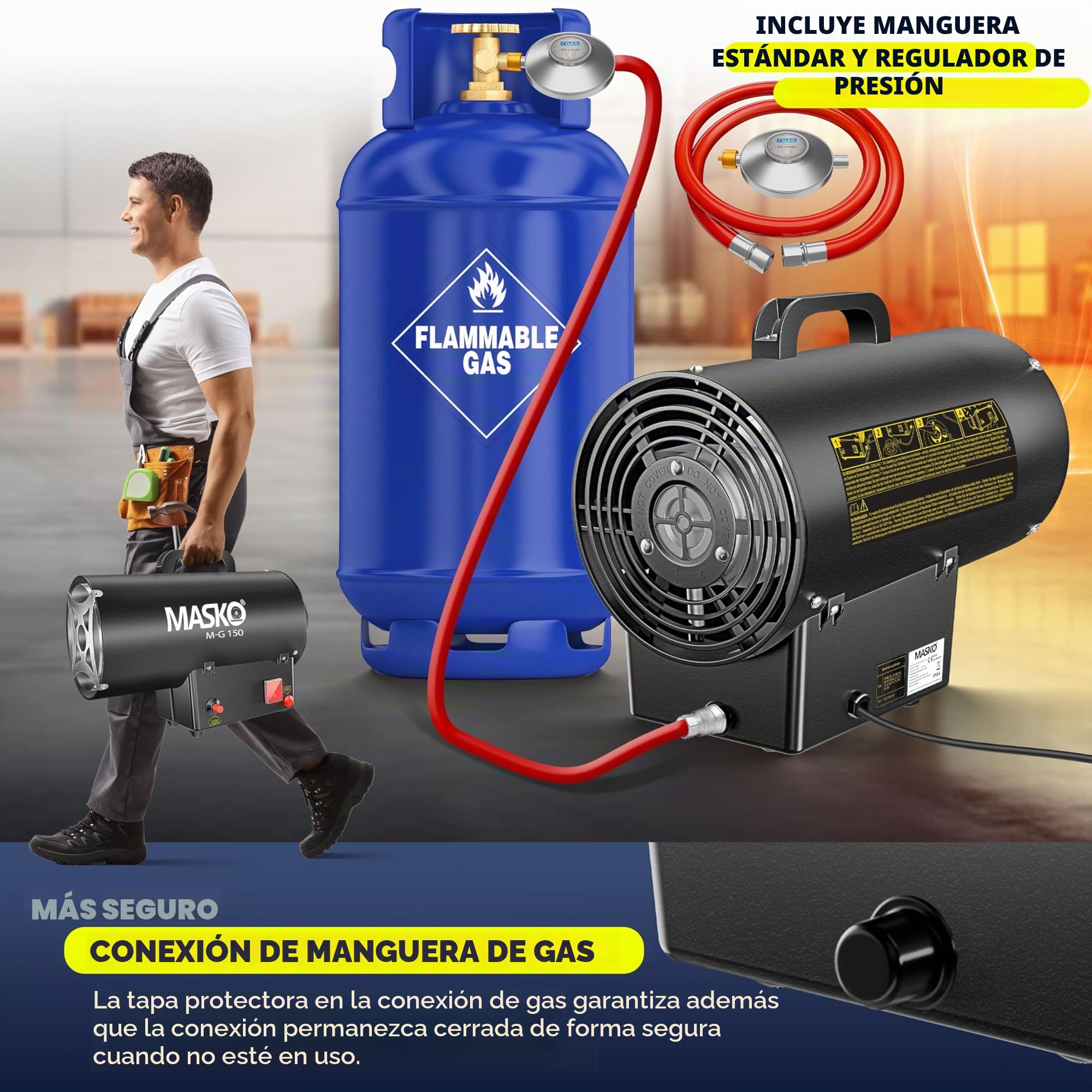 Masko Calentador de gas Calentador de gas Cañón de calor Calefacción Radiante de gas Calefacción de gas Calefacción Radiante Generador de aire caliente, Negro, 15 KW