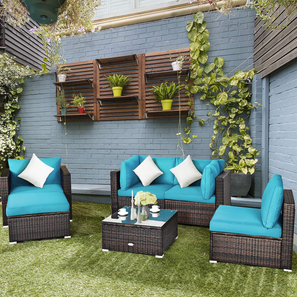 Conjunto De Jardín COSTWAY 5 Piezas - 2 Sillas Adirondack Con Otomanas Y Mesa Lateral, Color Café, Metal Y Tela