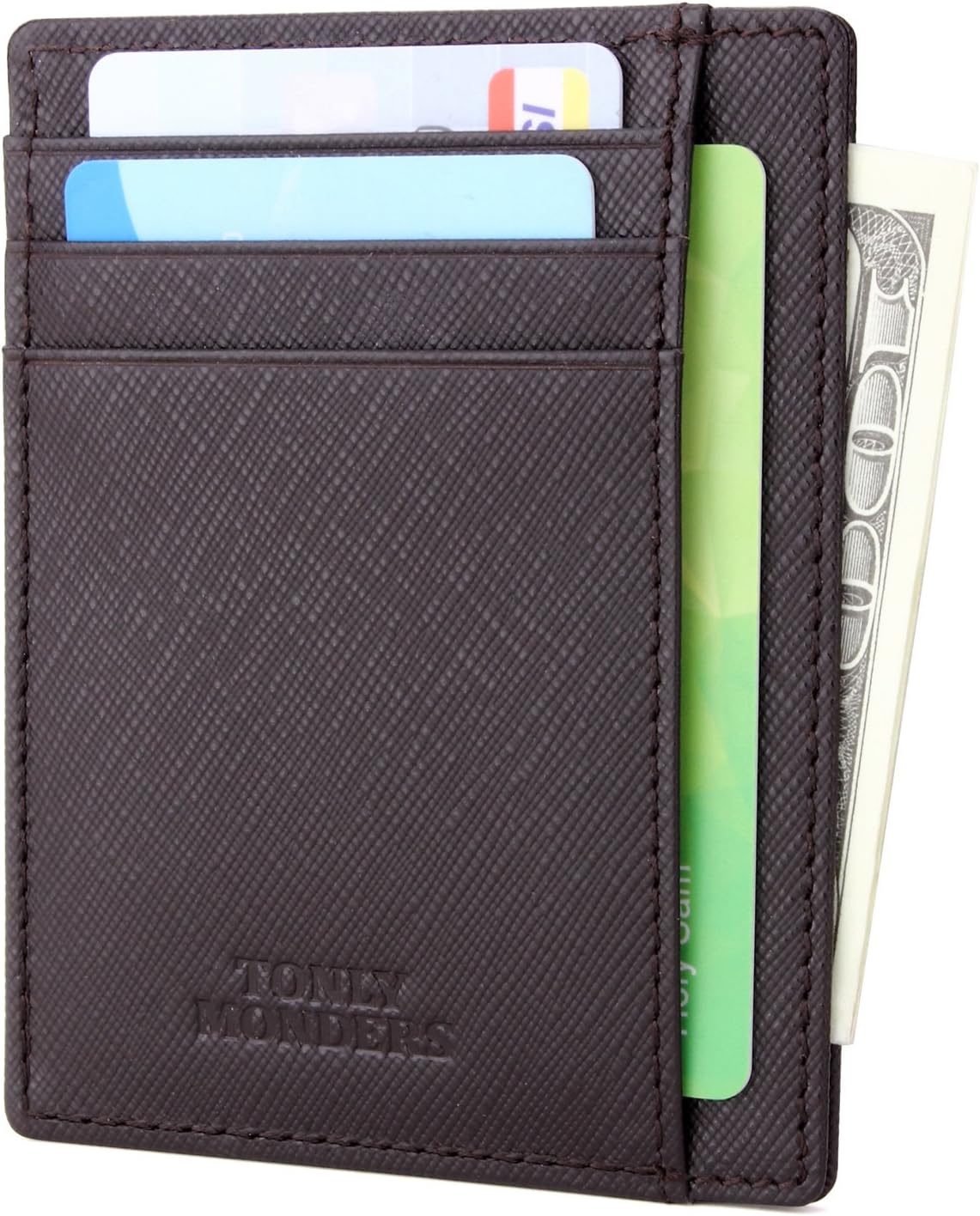 Tonly Monders Slim Wallet Genuine Leather Minimalist Wallet RFID Blocking Men's Front Pocket Credit Card Holder, Coffee