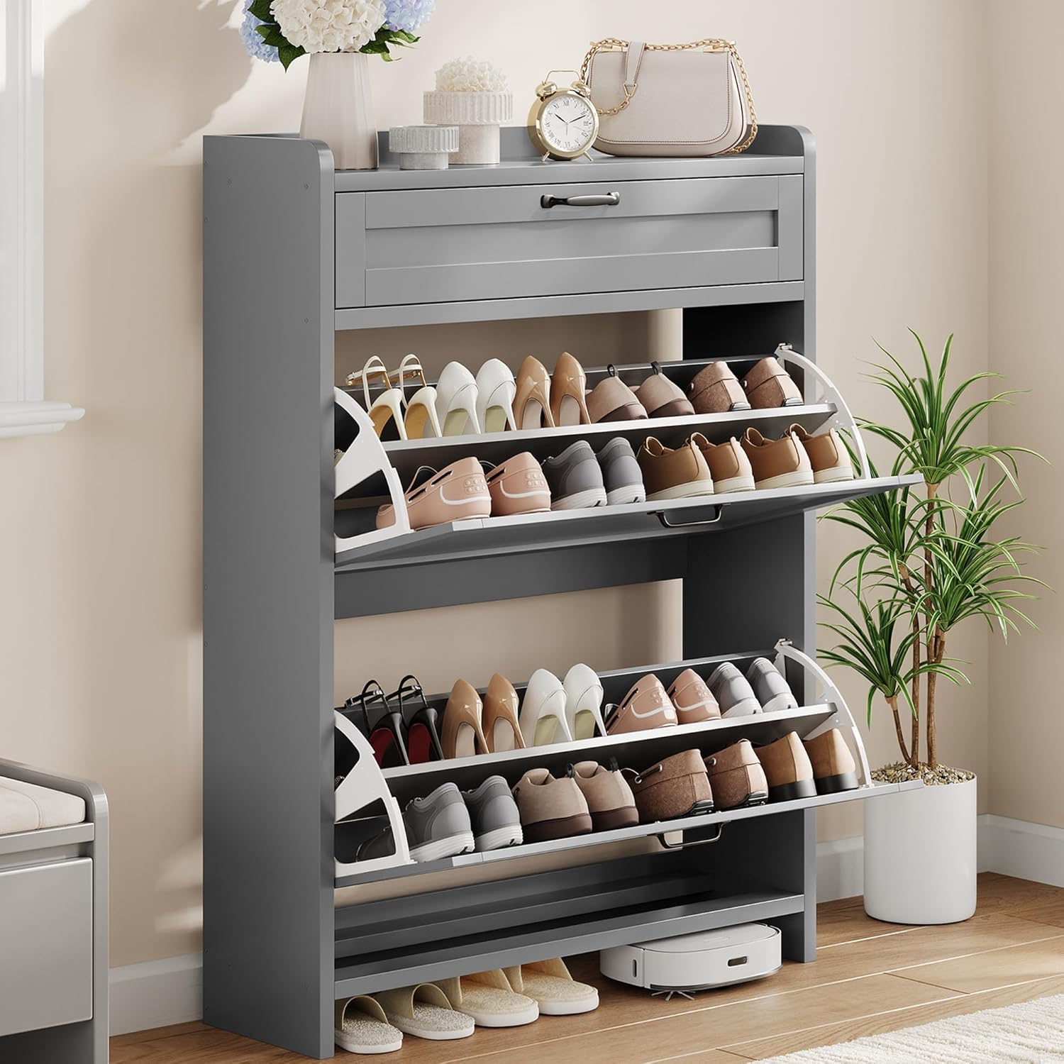 Shoe Cabinet with 2 Flip Drawers & 1 Top Drawer, Wooden Shoe Organizer Cabinet with Adjustable Shelf, Freestanding Shoe Storage Cabinets for Entryway, Hidden Shoe Storage for Hallway, Living Room