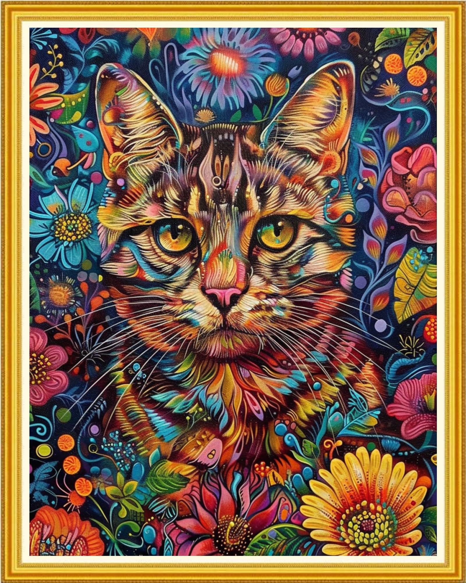 Magxvouy Cross Stitch Kits Stamped Full Range of Embroidery Kits,Cross Stitch Patterns Needlework Kits for Beginners 11CT Printed Kits&amp;Colorful Flower Cat 16x20 inch