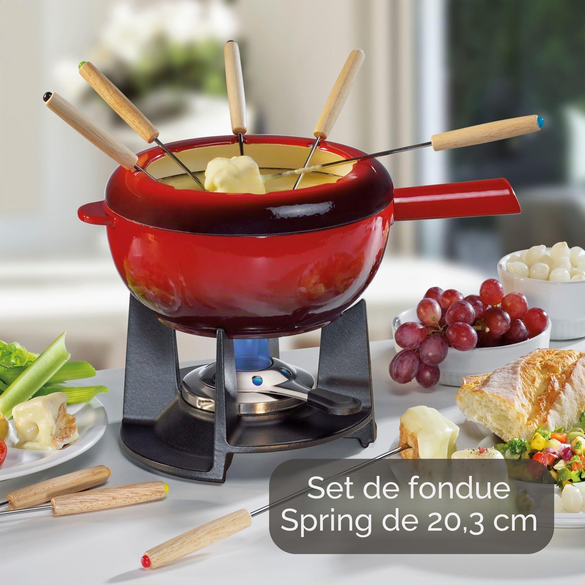 Spring Juego de fondue de hierro fundido rojo, 20 cm de diámetro, con 8 tenedores de fondue y protección contra salpicaduras, para fondue de queso, fondue de carne, quemador de refugio