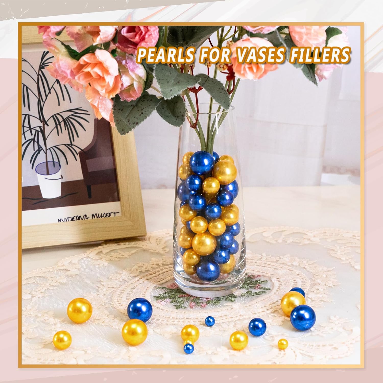 300Pcs Vase Filler Blue and Golden Yellow No Hole Faux Pearl Beads for Vase Filling Decorations, Candle Centerpieces, Wedding Centerpieces, Home Party Decor (8/14/20mm) - Image 3