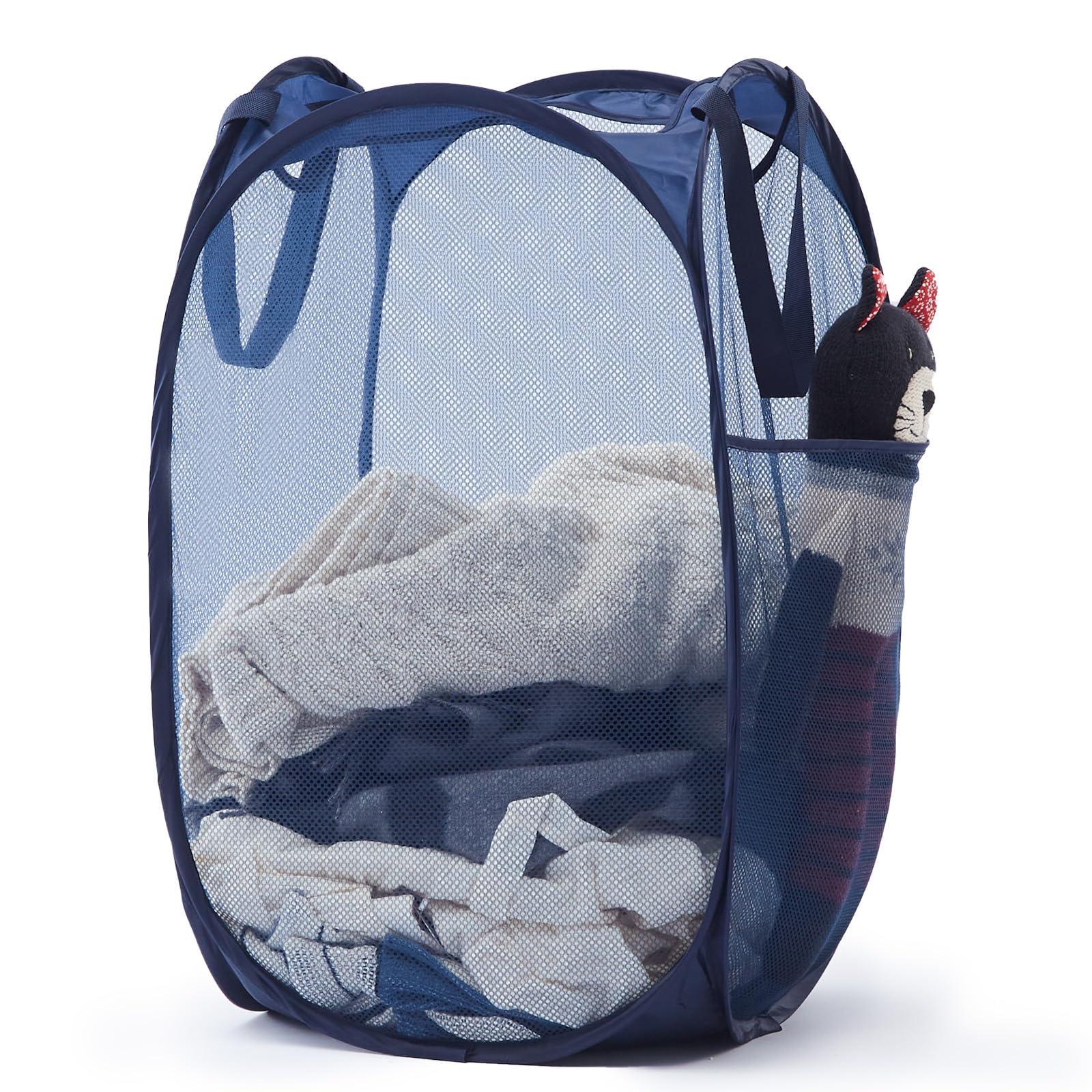 TECHMILLY Upgraded 105L Collapsible Mesh Pop Up Laundry Hamper with Sturdy Handles and Side Pocket - Portable Foldable Clothes Baskets for Dorm, Bathroom &amp; Travel Storage (Blue Plus)