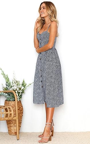 Miniatura 3 de Angashion - Vestido floral de verano estilo bohemio para mujer con botones bolsillos y tiras ajustables