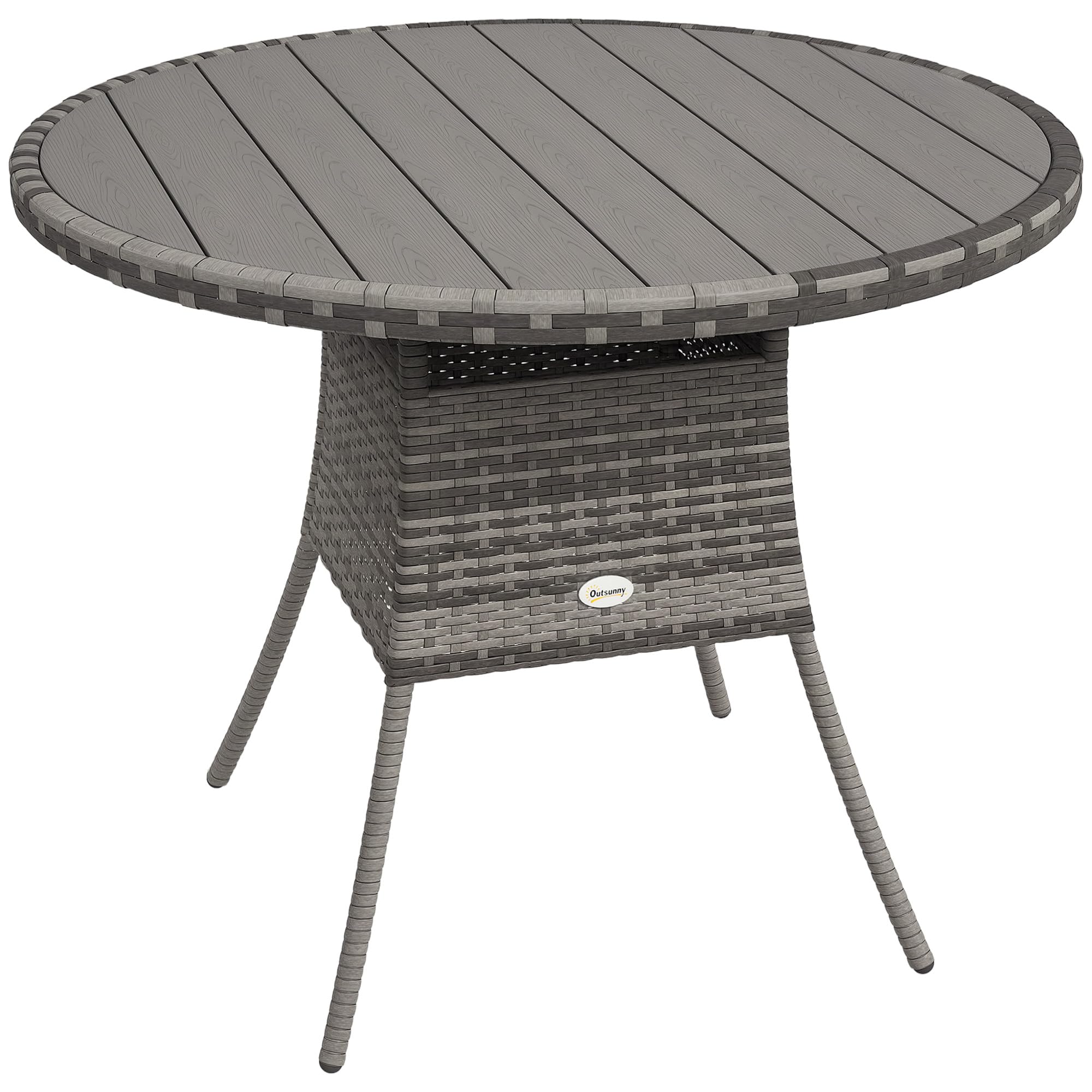 Outsunny 90 cm Outdoor Dining Table, PE Rattan Patio Table with Wood-plastic Composite Top for Balcony, Garden, Grey