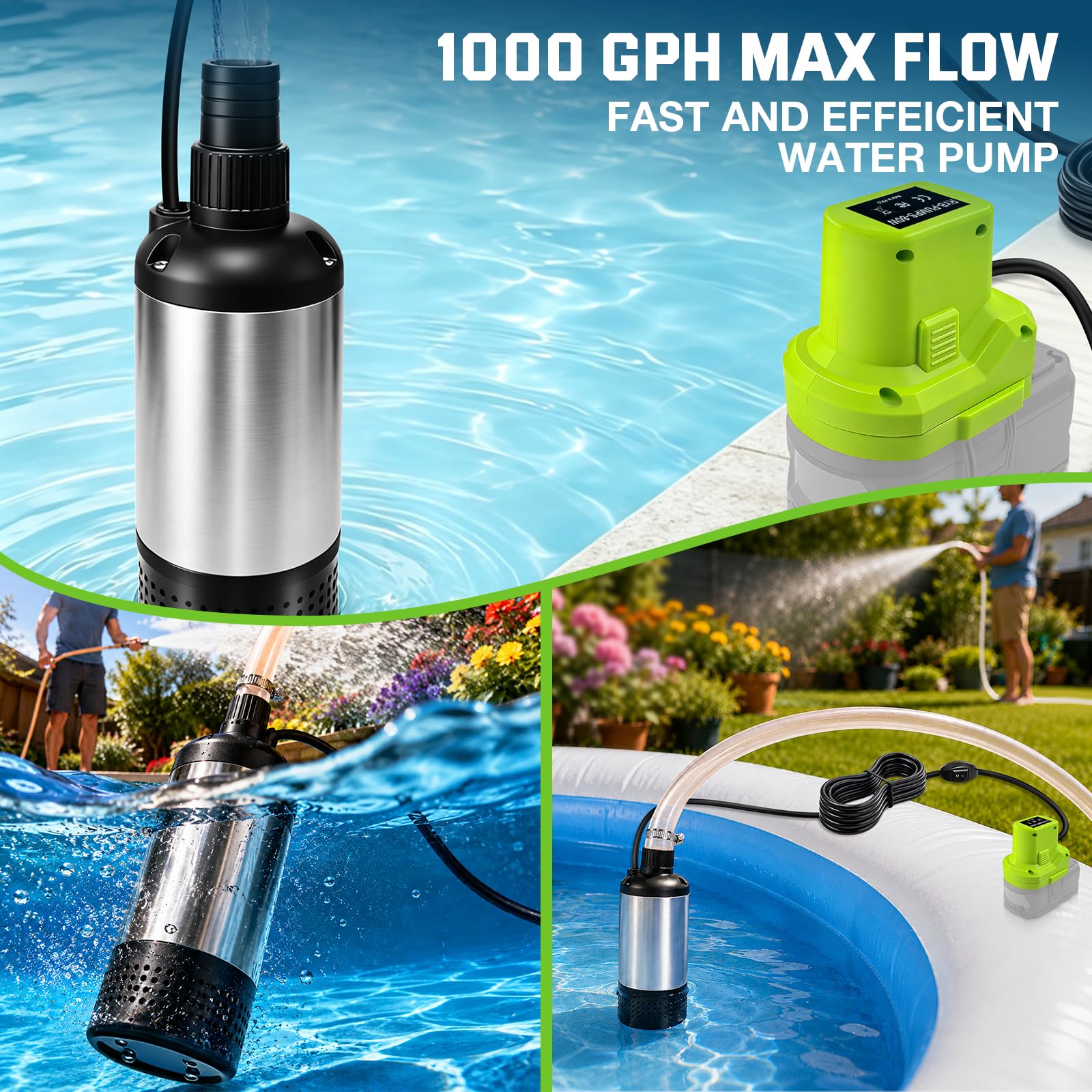 Wasserpumpe für Ryobi 18V Akku,792GPH Bürstenlose Tauchpumpe Schmutzwasserpumpe Saugpumpe Absaugpumpe,für Poolpumpen, Gartenbewässerung, Autowäsche, Pfütze, Camping, Keller(KEIN Akku)