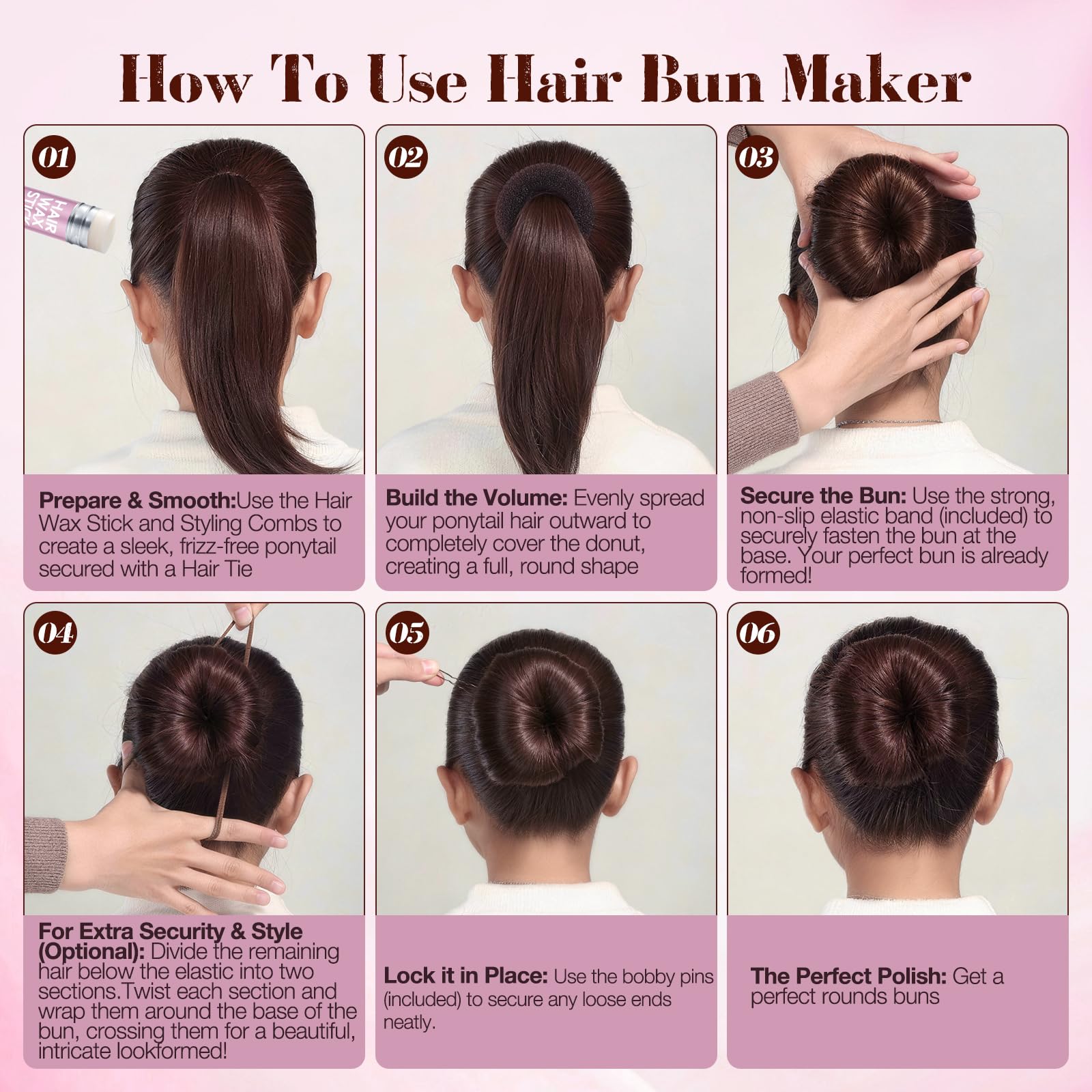 Kit para hacer moños de pelo para niñas, 4 tamaños, color marrón claro, juego completo con 40 horquillas, 5 bandas elásticas, 1 barra de cera para el cabello y 3 peines, herramientas de peinado