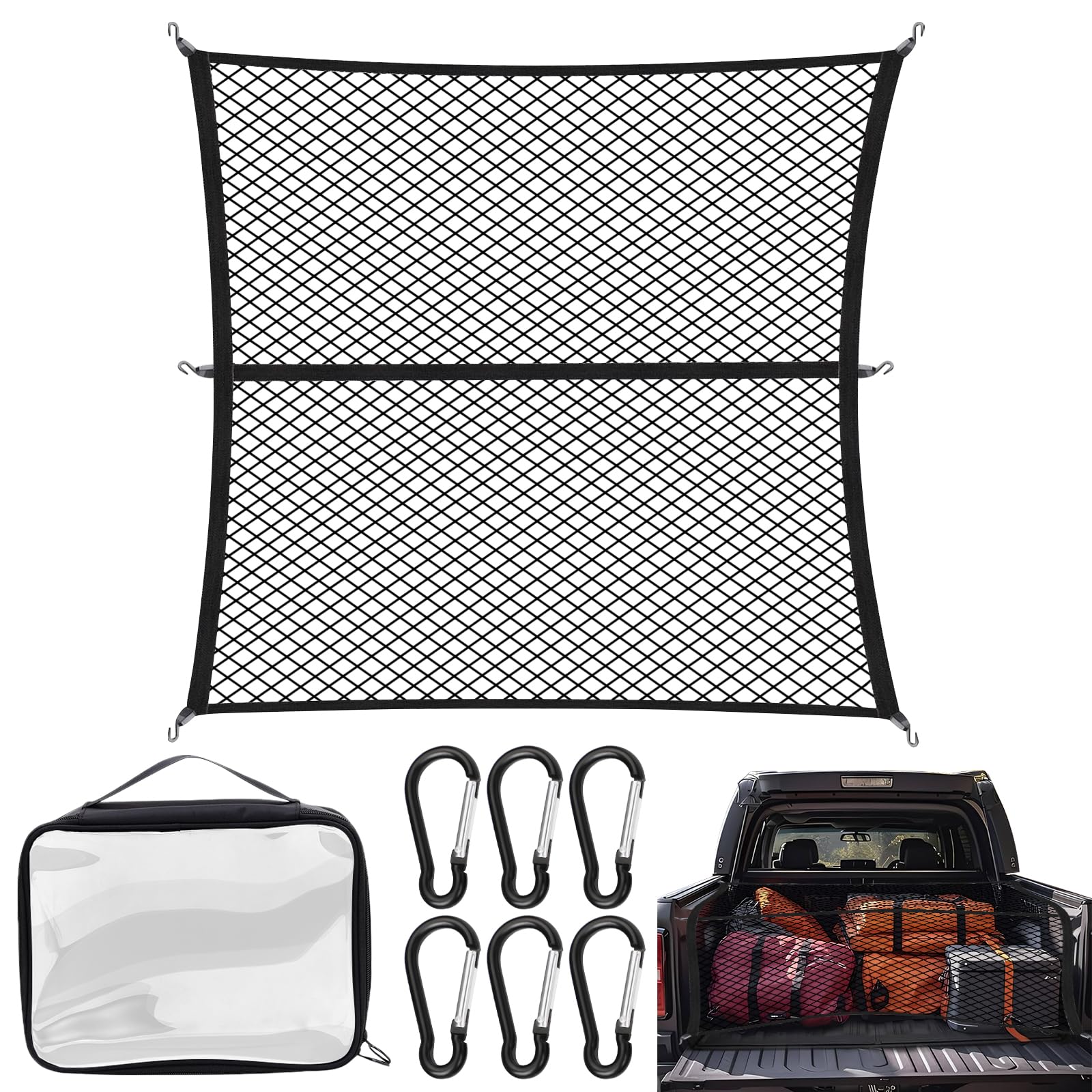 Red de Carga Altamente Elástica, Red Grande para Maletero de Coche 120x120cm, Puede Extender a 210×210cm, Organizador de Malla de Carga para camión, con 6 Mosquetones, para SUV Camionetas Carro
