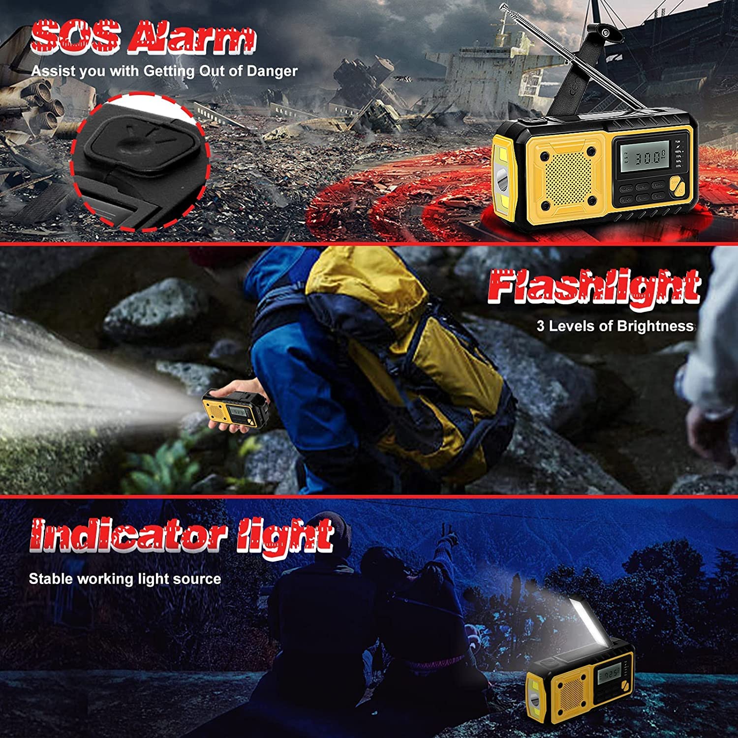 Radio Solaire Portable Urgence Météo 5000 mAh Manivelle FM/AM/SW Dynamo avec Lampe LED Alarme SOS USB Écran LCD Charge de Téléphone Prise d'Écouteur pour Randonnée Camping