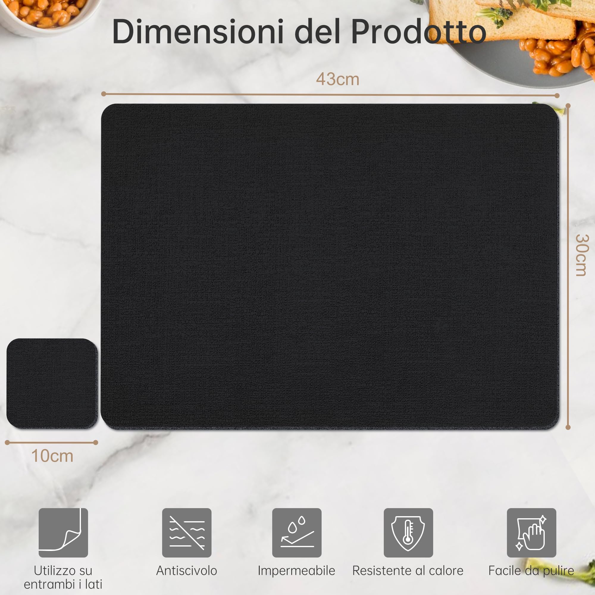KitchenBoss Tovagliette Americane Lavabili con Sottobicchieri, Set di 8 Tovagliette Colazione Effetto Pelle Resistenti al Calore, Impermeabili su Entrambi i Lati, 43×30 cm, Nero