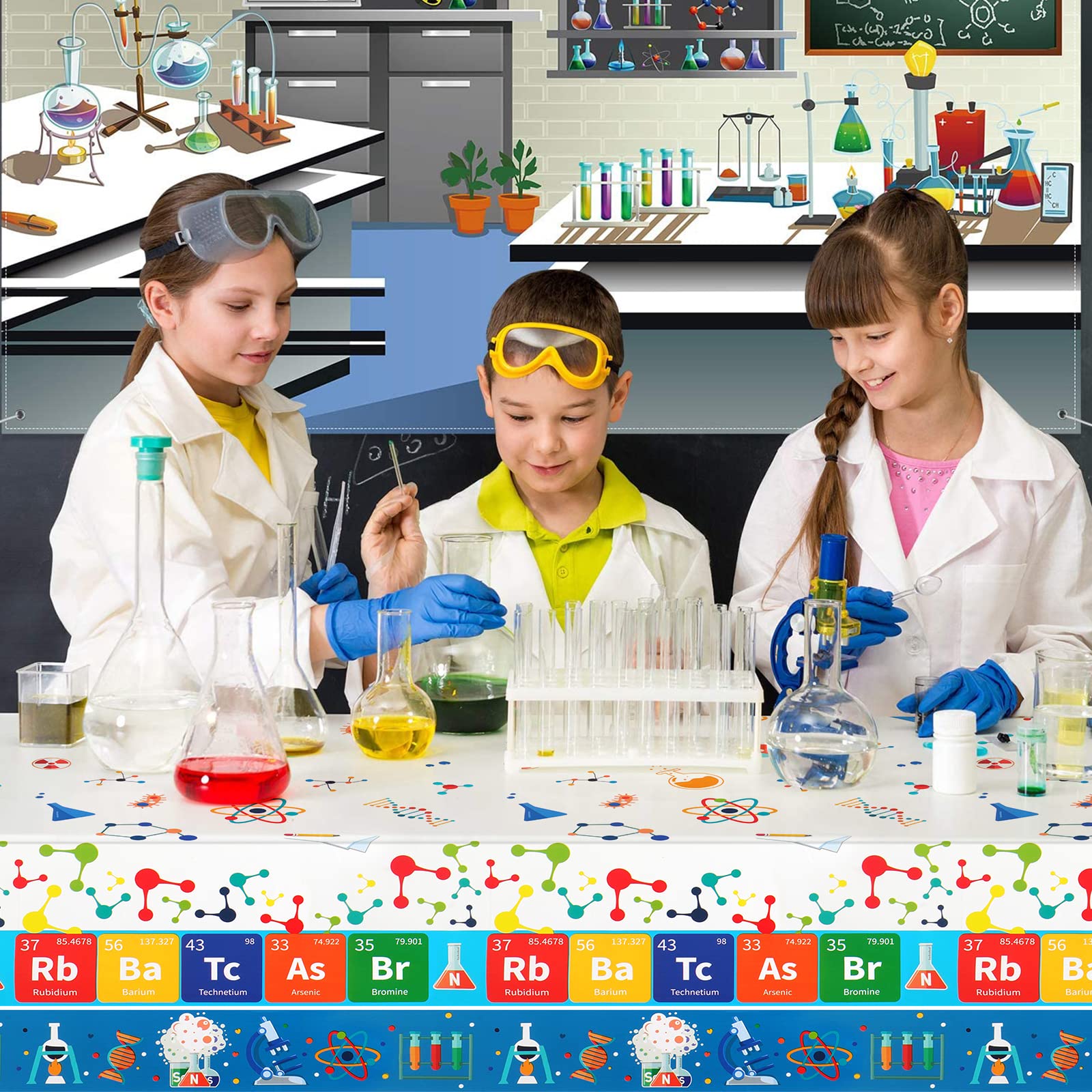 3-Pack Science Lab Party Tablecloths - Plastic Mad Scientist Theme, 107.8x51.2 Inches Each