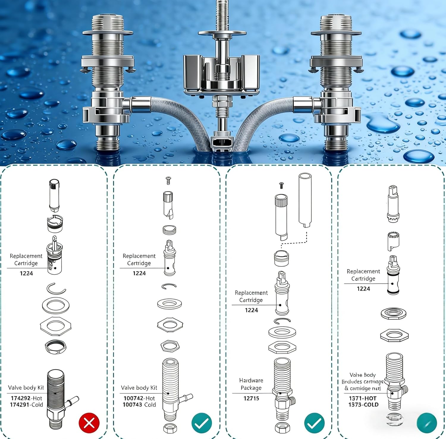 1224 1224B Faucet Cartridge Replacement compatible with Moen Two Handle Faucets, Hot and Cold Repair Kit, For Most Double Handle Moen Faucets and Tub/Showers (1224 Cartridge*4)