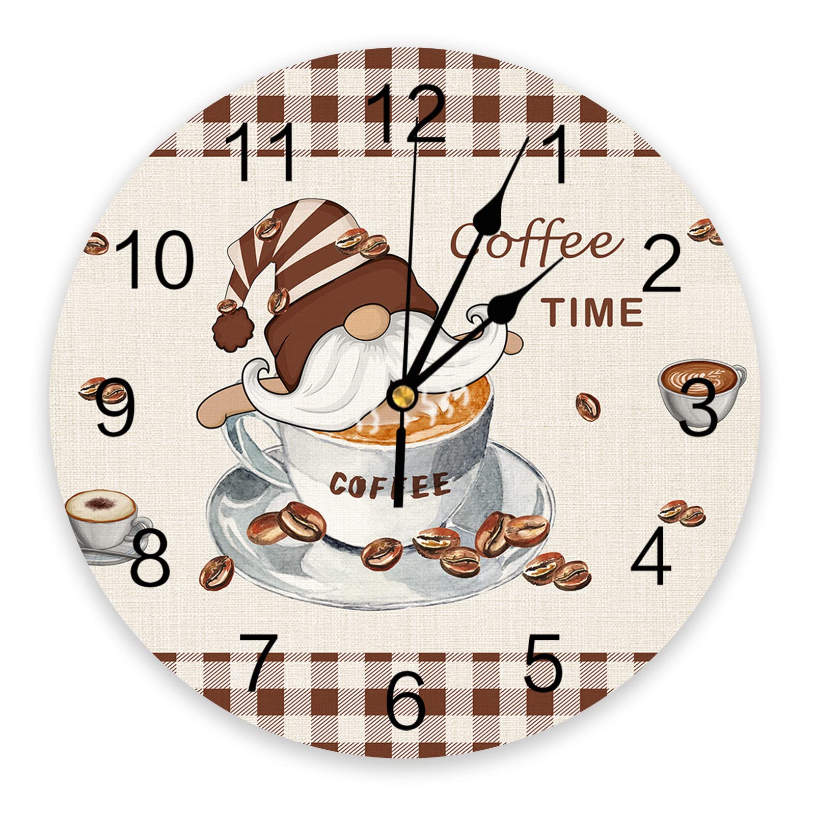 CosyBrightSilent PVC Wall Clock 10 Inch Round Wall Clock Gnomes Coffee Time Brown Plaid Hanging Clock for Kitchen Non Ticking Battery Operated Living Room Mute Clock