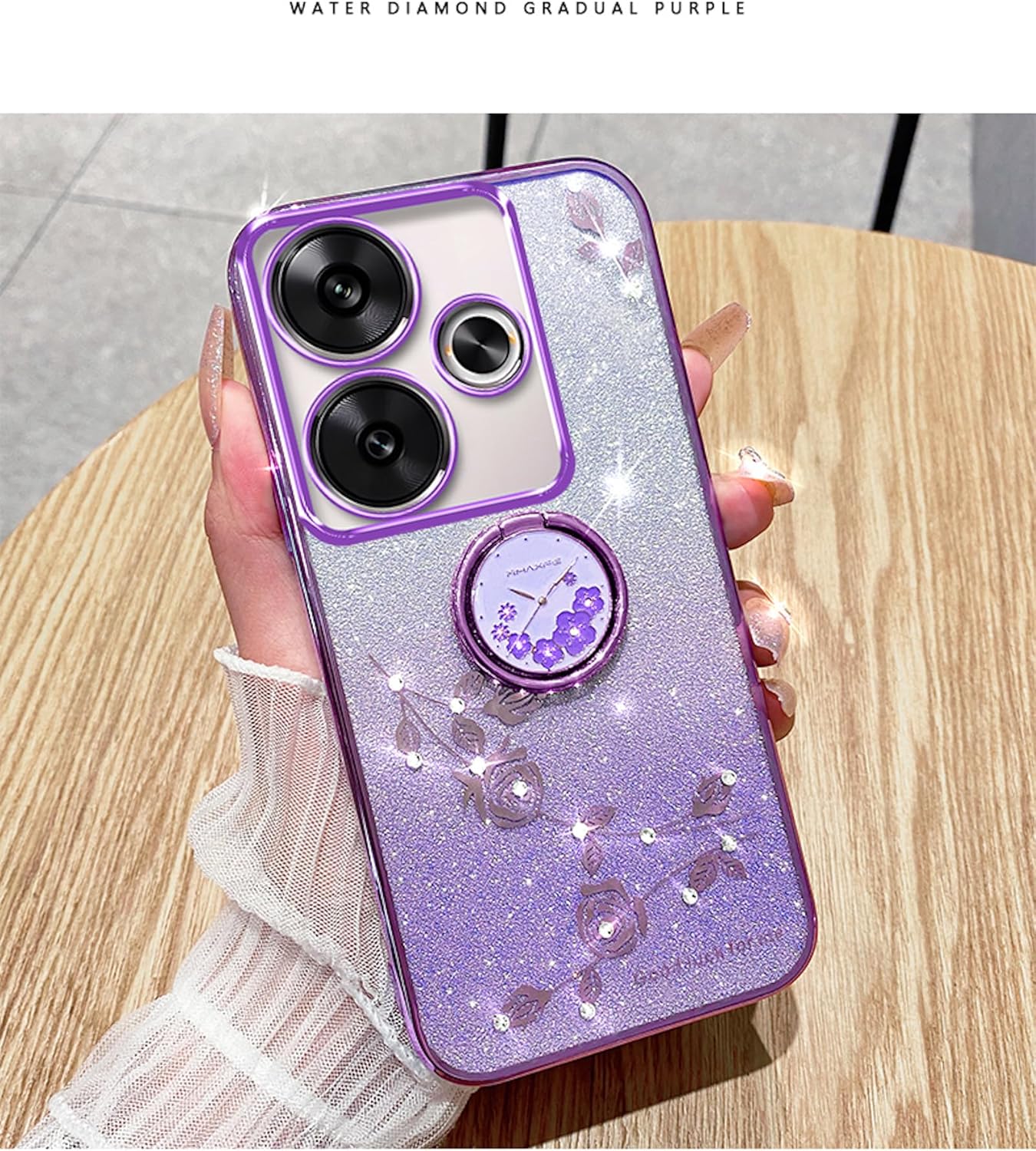 for Xiaomi Redmi 13 4G / Redmi Note 13R 5G / Poco M6 4G Case for Women Girls, Luxury Plating Bling Glitter Sparkle Flowers Shockproof Case with Ring Stand for Xiaomi Redmi 13 4G.Flowers Blue - Image 8