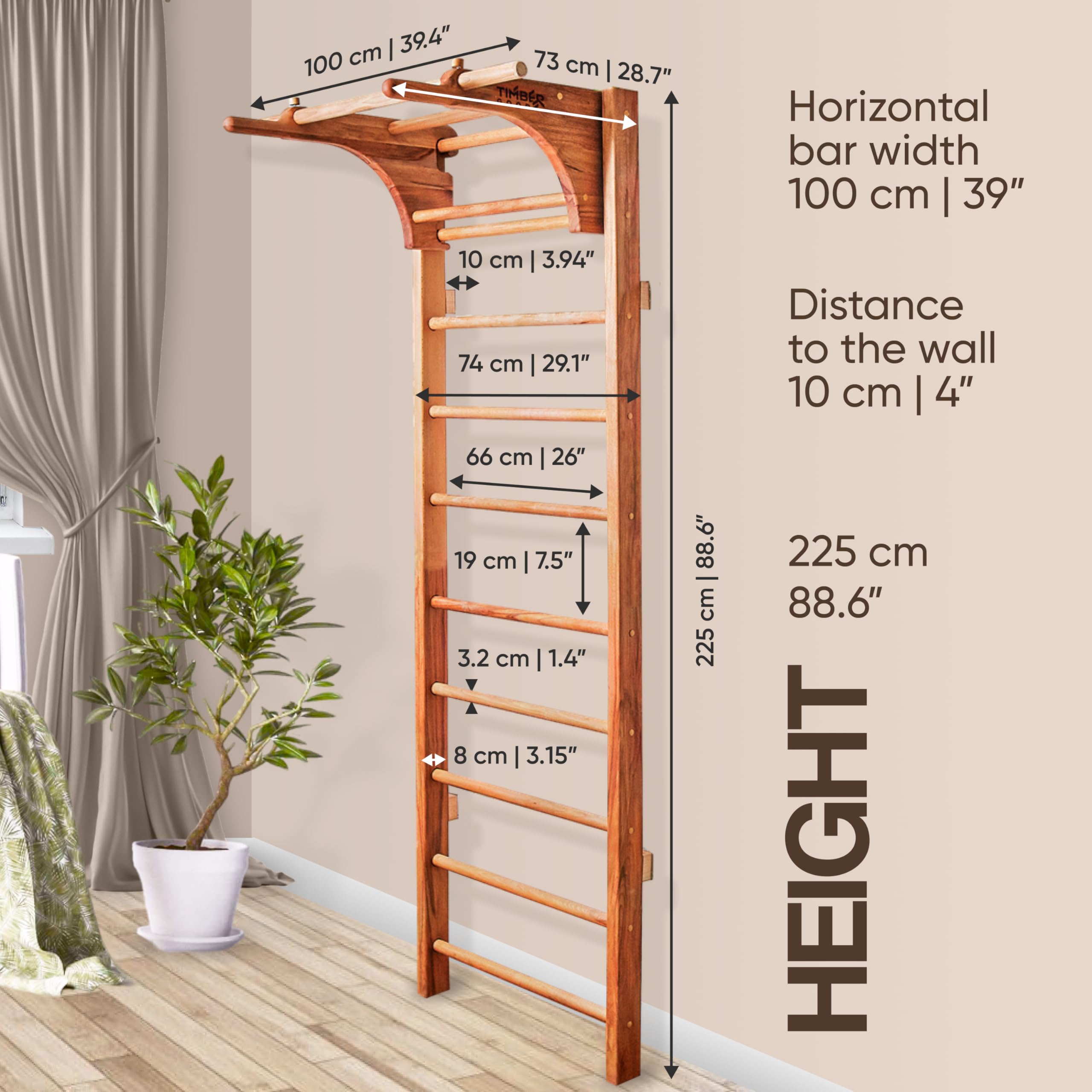 Générique Escalera sueca de madera maciza de haya Timbergood - Muro de gimnasia para niños y adultos, carga 400 kg, deportes en casa, equipo multifuncional de interior.