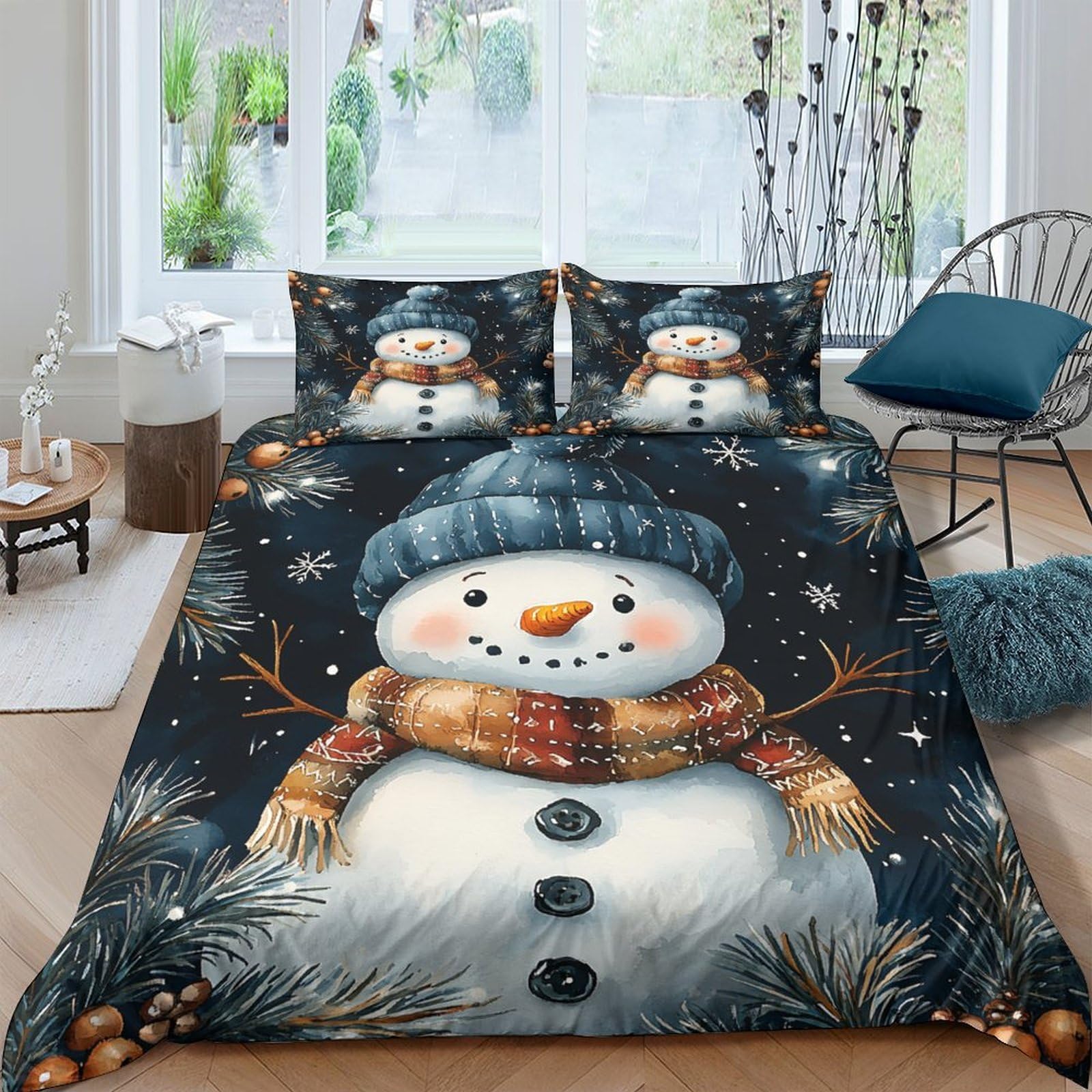 Ctjqhvkz Style-1 3D Printed Snowman Winter Fitted Sheet Microfiber Soft Anti-Slip Christmas Pine Tree Mattress Cover For Bedroom Home Single（135X200cm）