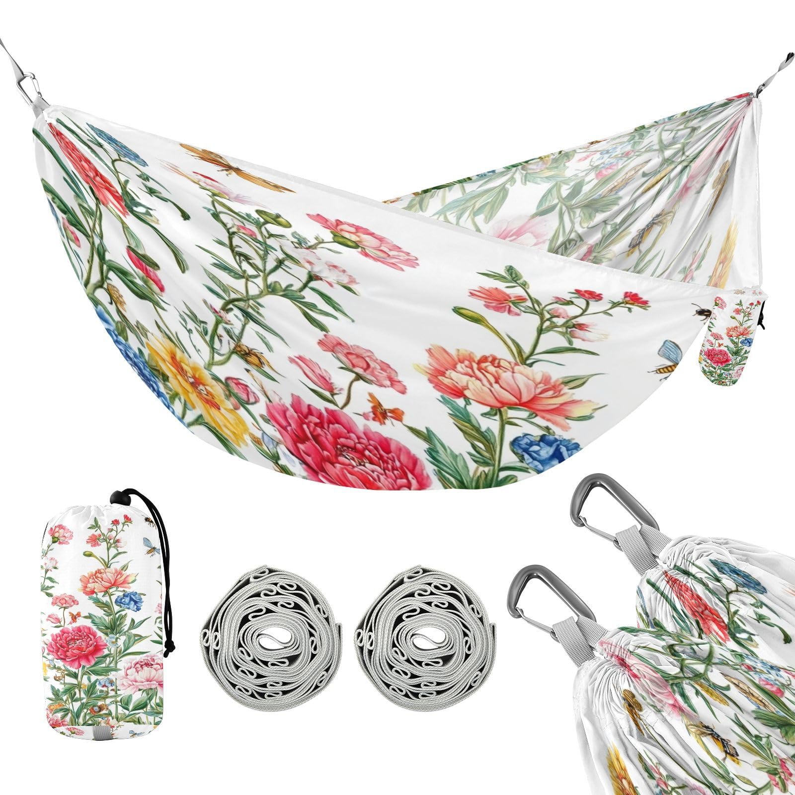 Haskirky Peony Flowers Camping Hammock, Single Portable Hammocks with Tree Straps & Attached Carry Bag, 330Lbs Capacity Perfect for Outside Indoor Hiking Beach Backpack Travel