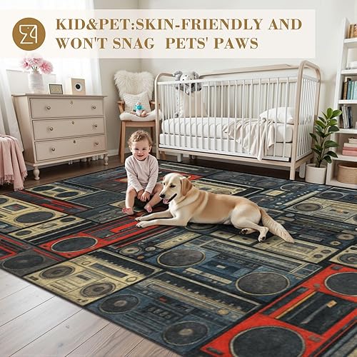 Miniatura 3 de Alfombra grande lavable de 6 x 9 pulgadas para sala de estar, collage retro Boombox de cassette, reproductores de cinta, altavoces, alfombra de